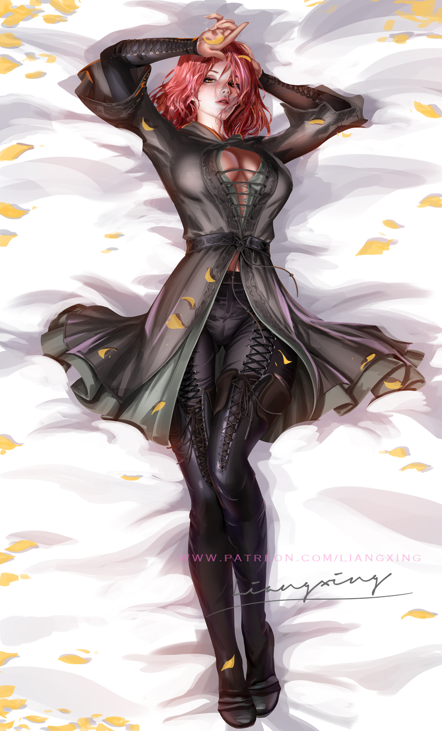 1girls, 2022, big breasts, boots, breasts, cleavage, dakimakura, elden ring, female, female only, fromsoftware, full body, liang xing, light skin, light-skinned female, melina (elden ring), pink hair, realistic, solo, tight clothing, underboob