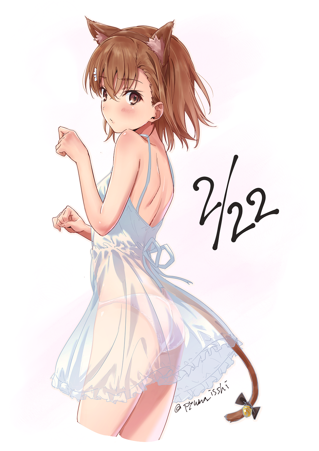 10s 1girls 2018 animal_ears ass babydoll bangs bare_back blush brown_eyes brown_hair cat_ears cat_tail cowboy_shot dated eyebrows_visible_through_hair from_side hairband heart isshi_pyuma looking_at_viewer misaka_mikoto panties paw_pose pink_panties see-through short_hair solo spaghetti_strap spiked_hair standing tail teenage_girl teenager to_aru_kagaku_no_railgun to_aru_majutsu_no_index twisted_neck twitter_username underwear white_background young