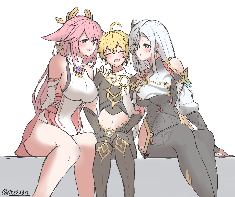 1boy, 2girls, aether (genshin impact), age difference, akazuan 19, ara ara, aroused, before sex, between breasts, big breasts, blonde hair, braids, breasts, earrings, female, fox ears, fox girl, genshin impact, gloves, hair ornament, hips, long hair, male, pink hair, shenhe (genshin impact), sitting, taller female, vision (genshin impact), white hair, yae miko