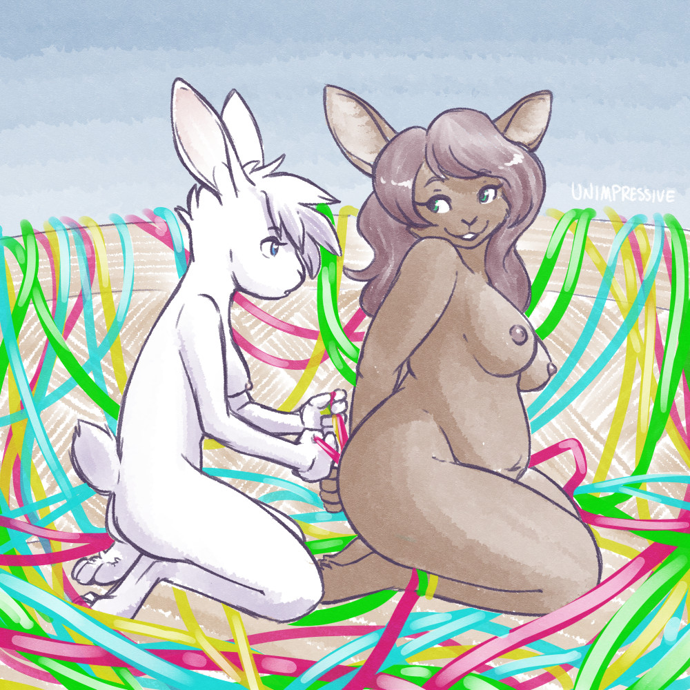 2022 anthro breasts brown_hair digital_media_(artwork) duo feet female fingers green_eyes hair lagomorph leporid mammal nude rabbit smile toes unimpressive