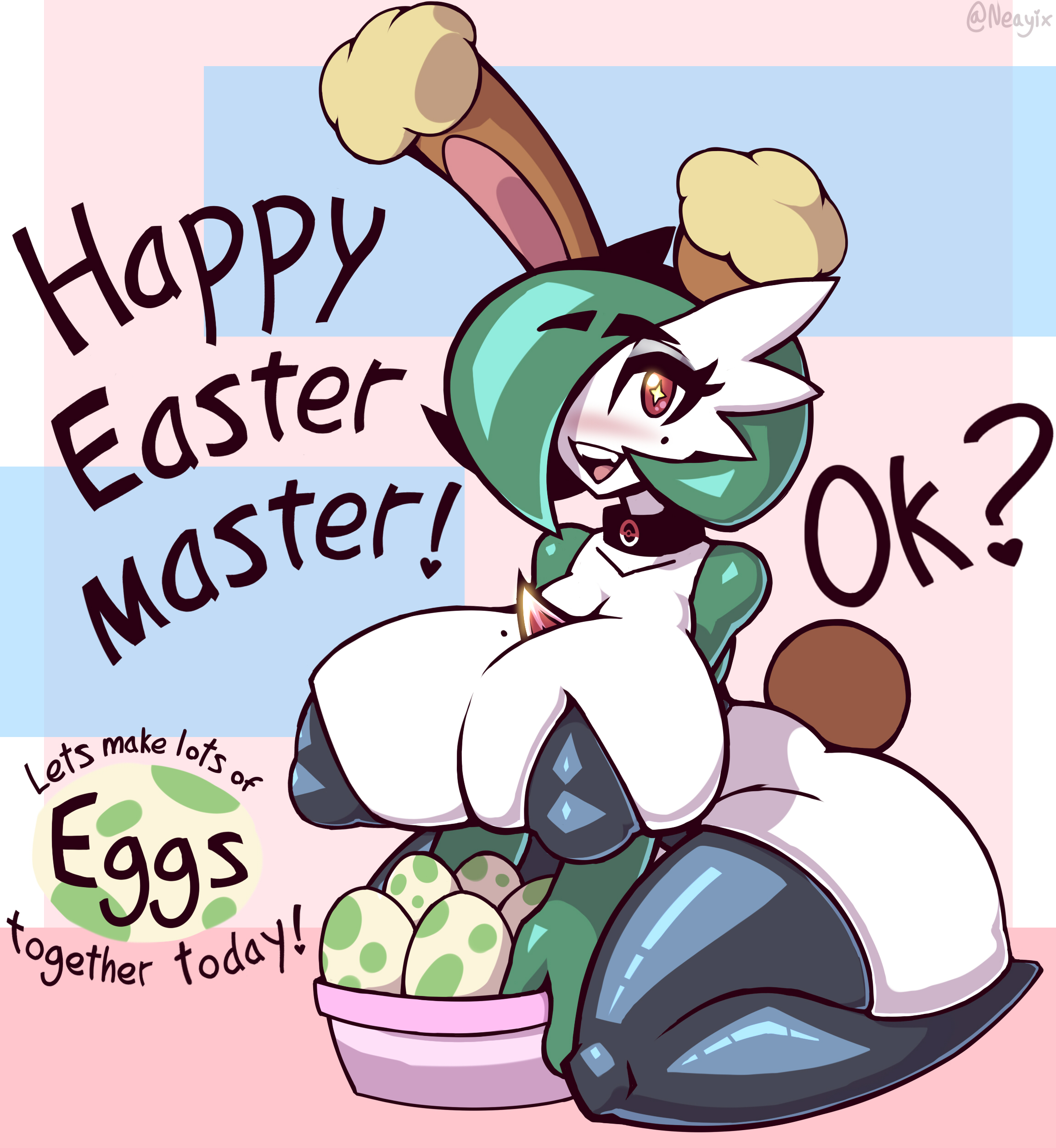 1girls, breasts, buneary (cosplay), bunny ears, bunny girl, bunnysuit, easter, female, female only, gardevoir, huge breasts, looking at viewer, neayix, pokemon, pokemon (cosplay), pokemon (species), solo, thick thighs, thighhighs, wide hips