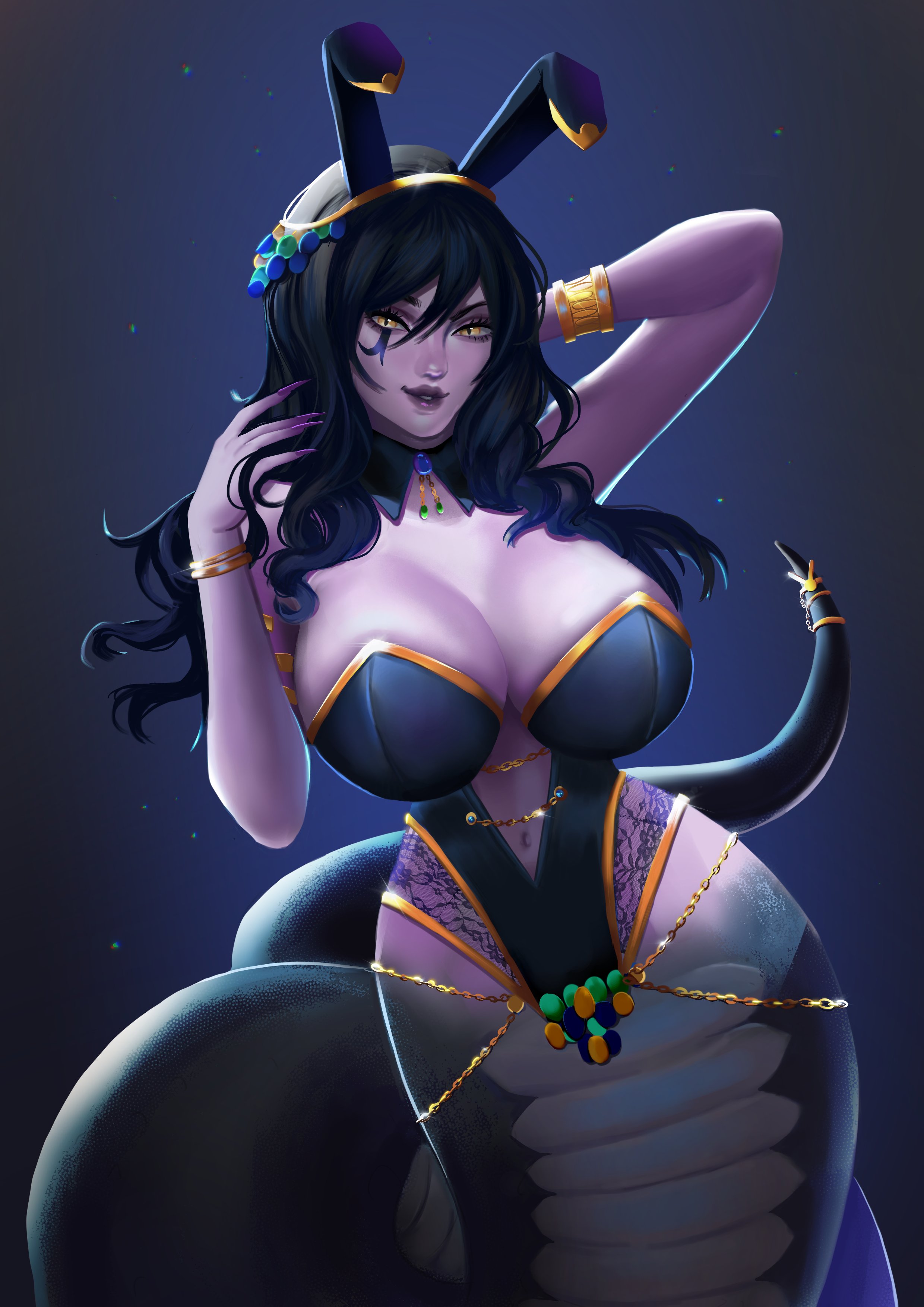 1girls, big breasts, breasts, bunny ears, female, female only, indie virtual youtuber, lamia, looking at viewer, monster girl, naga, prealle, purple skin, purple-skinned female, snake girl, snatched waist, solo, vexoria the sun eater, virtual youtuber, yellow eyes