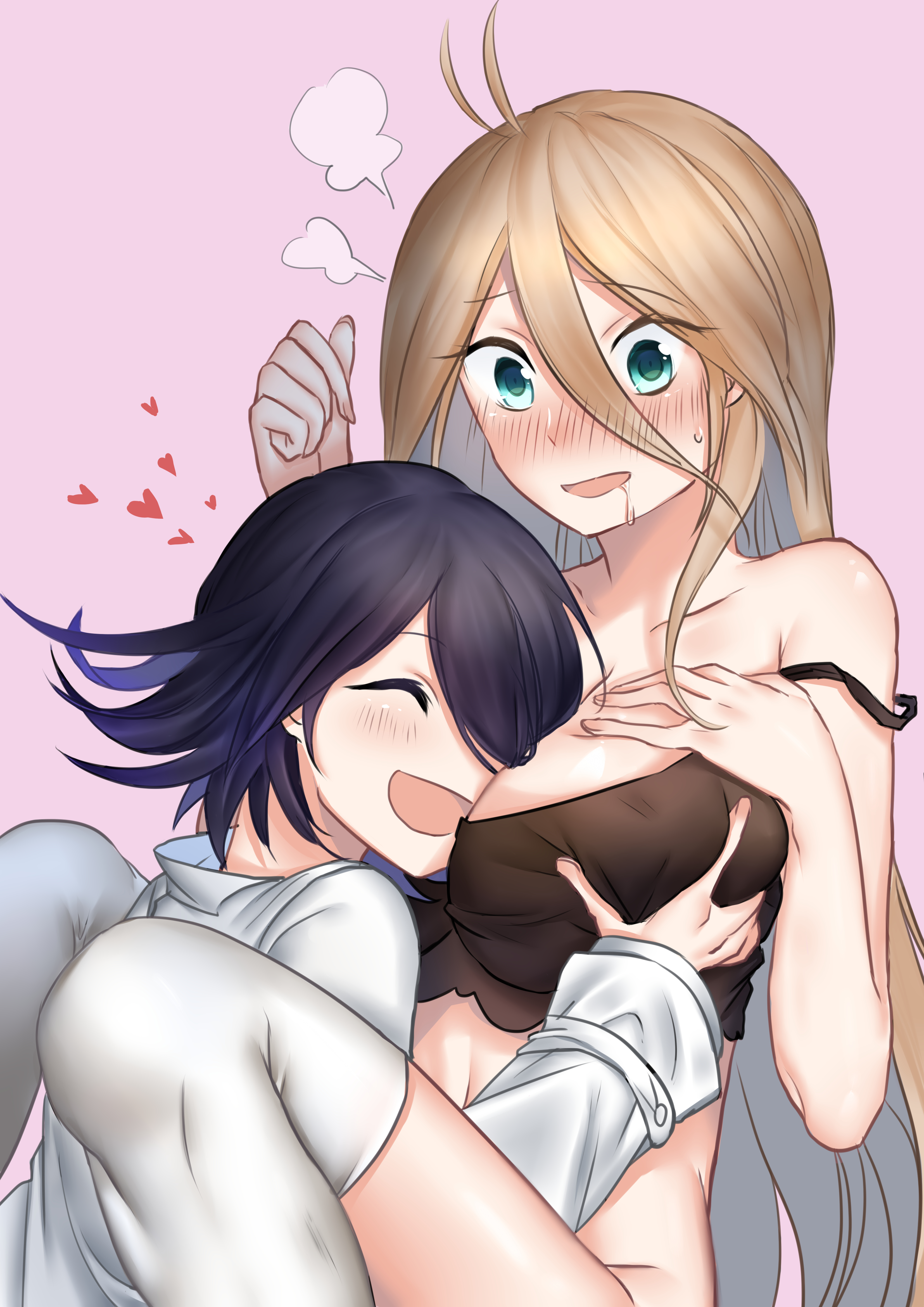 1boy, 1girls, between breasts, big breasts, blonde hair, blue eyes, blush, breast grab, breasts, cross neko, danganronpa, danganronpa v3, drooling, face between breasts, female, happy, heart, iruma miu, light skin, male, male/female, ouma kokichi, purple eyes, smaller male, straight, straight hair, strap slip, thighhighs