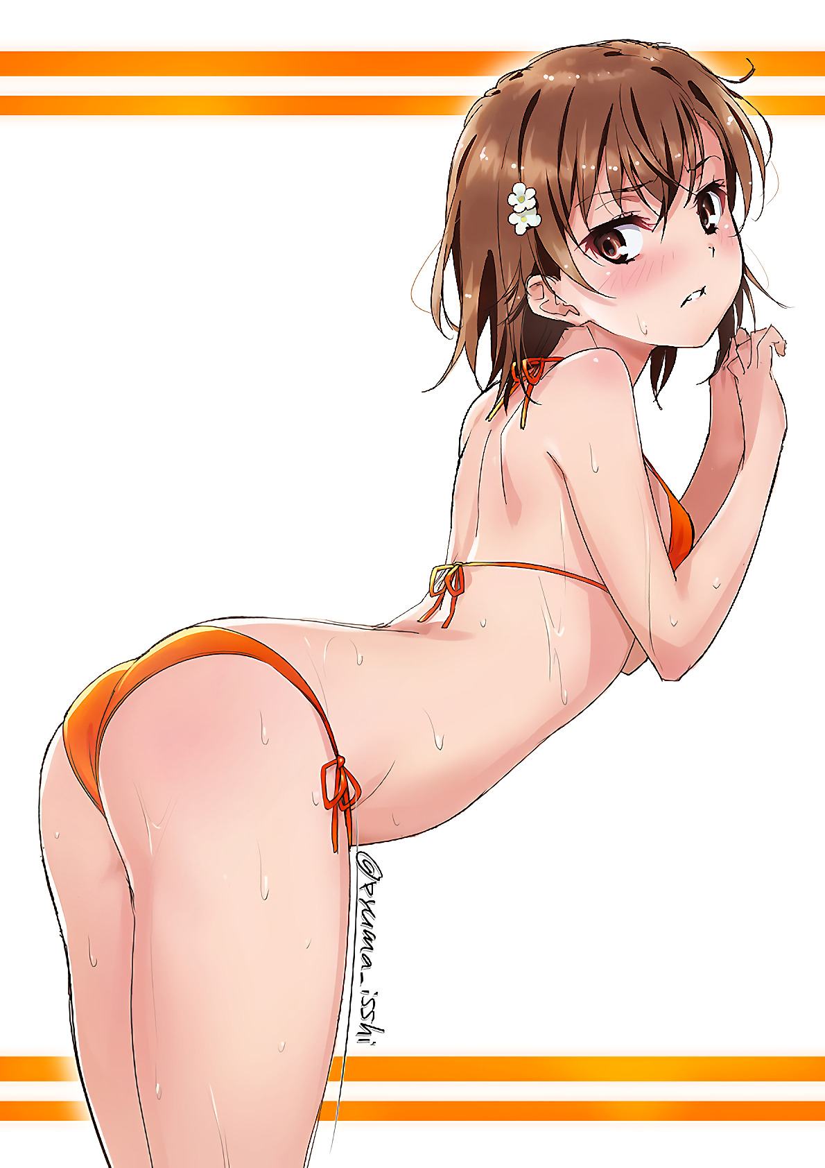 10s, 1girls, 2019, arched back, ass, bent over, bikini, biting, biting lip, blush, breasts, brown eyes, brown hair, female, from behind, hair ornament, hairpin, isshi pyuma, lips, looking at viewer, looking back, misaka mikoto, orange bikini, shiny, shiny hair, shiny skin, short hair, side-tie bikini, small breasts, solo, solo female, standing, swimsuit, teenage female, teenager, to aru kagaku no railgun, to aru majutsu no index, twitter username, wet, young