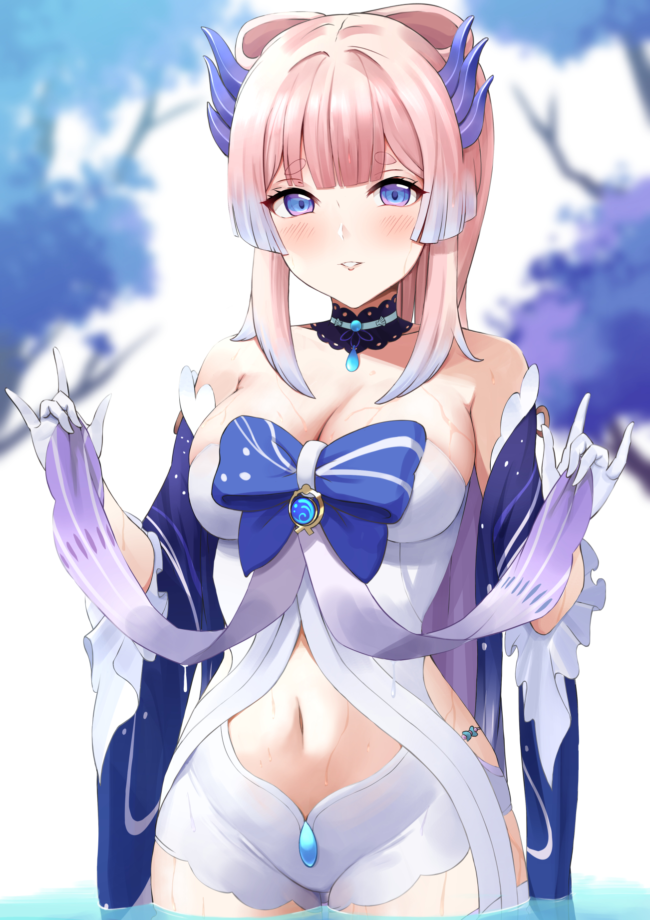 bangs, bare shoulders, blue dress, blush, breasts, cleavage, detached collar, dress, female, genshin impact, haido (ryuuno kanzume), highres, lifting, lifting skirt, long hair, long sleeves, looking at viewer, medium breasts, midriff, navel, pink hair, ponytail, purple eyes, sangonomiya kokomi, short shorts, shorts, sidelocks, stomach, sweat, very long hair, wet, white shorts, wide sleeves
