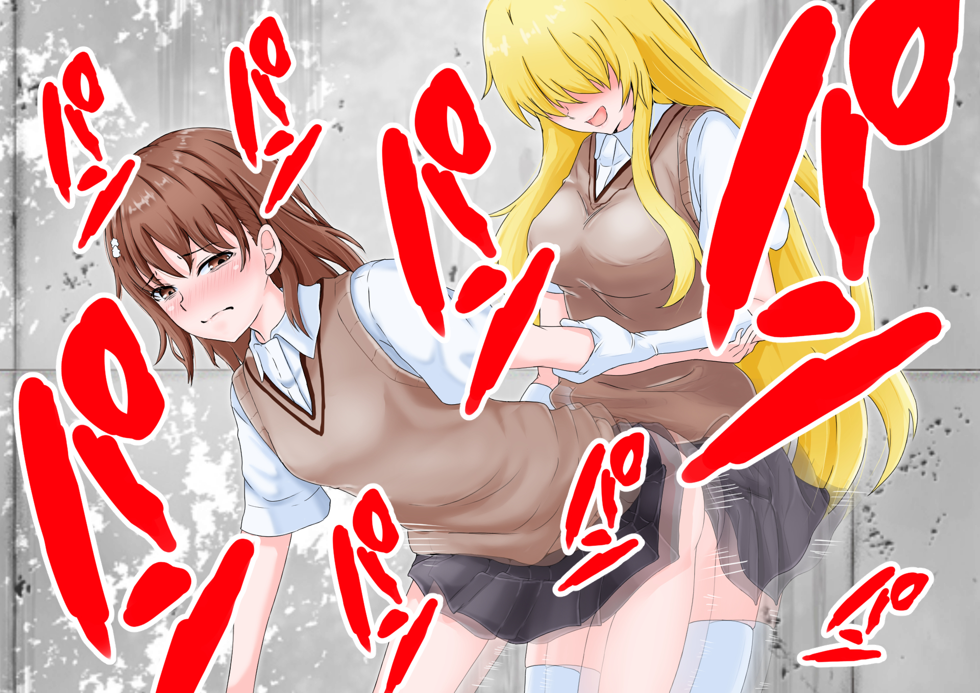 1futa, 1girls, 2020, arm grab, ass, bent over, blonde hair, blouse, blush, breasts, brown eyes, brown hair, brown vest, clothed, clothing, doggy style, doujin shimei, duo, embarrassed, eyes covered, eyeshadow, female, from behind, futa on female, futadom, futanari, gloves, grey skirt, grimace, hi res, human, intersex, large breasts, light skin, light-skinned female, light-skinned futa, lipstick, long hair, miniskirt, misaka mikoto, mostly clothed, no panties, open mouth, pussy, school uniform, schoolgirl, sex, shokuhou misaki, short hair, simple background, small breasts, socks, standing, teenage female, teenage futa, teenager, thigh socks, thighhighs, to aru kagaku no railgun, to aru majutsu no index, tokiwadai school uniform, vaginal penetration, vest, white blouse, white gloves, white socks, young, yuri