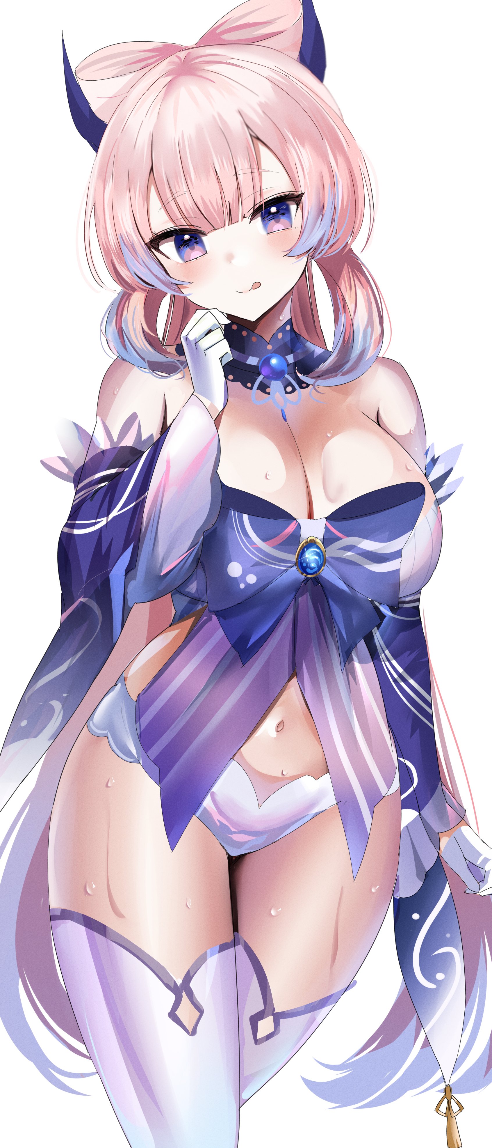 :p, absurdres, bangs, bare shoulders, big breasts, blue dress, blush, breasts, cleavage, detached collar, dress, female, genshin impact, hanasaka houcha, highres, horny, huge breasts, large breasts, licking, licking lips, long hair, long sleeves, looking at viewer, midriff, navel, pink hair, ponytail, purple eyes, revealing clothes, sangonomiya kokomi, short shorts, shorts, sidelocks, solo, stomach, sweat, thick thighs, thighhighs, very long hair, wet, white legwear, white shorts, wide sleeves