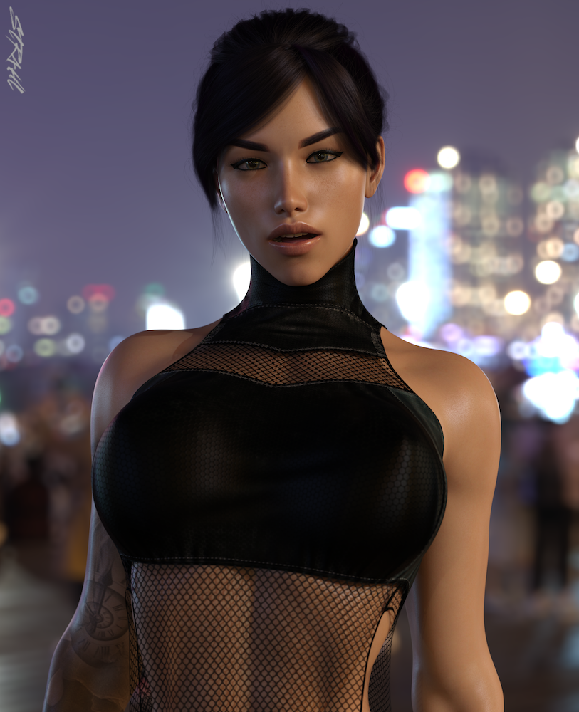 1girls 3d anna_(str4hl) arm_tattoo black_hair city city_background clothed clothing cute depth_of_field dress female female_only fishnet_dress fishnets front_view huge_breasts looking_at_viewer original original_character outdoor outdoors outside pinup short_hair slushe_(website) solo solo_female standing str4hl tattoo