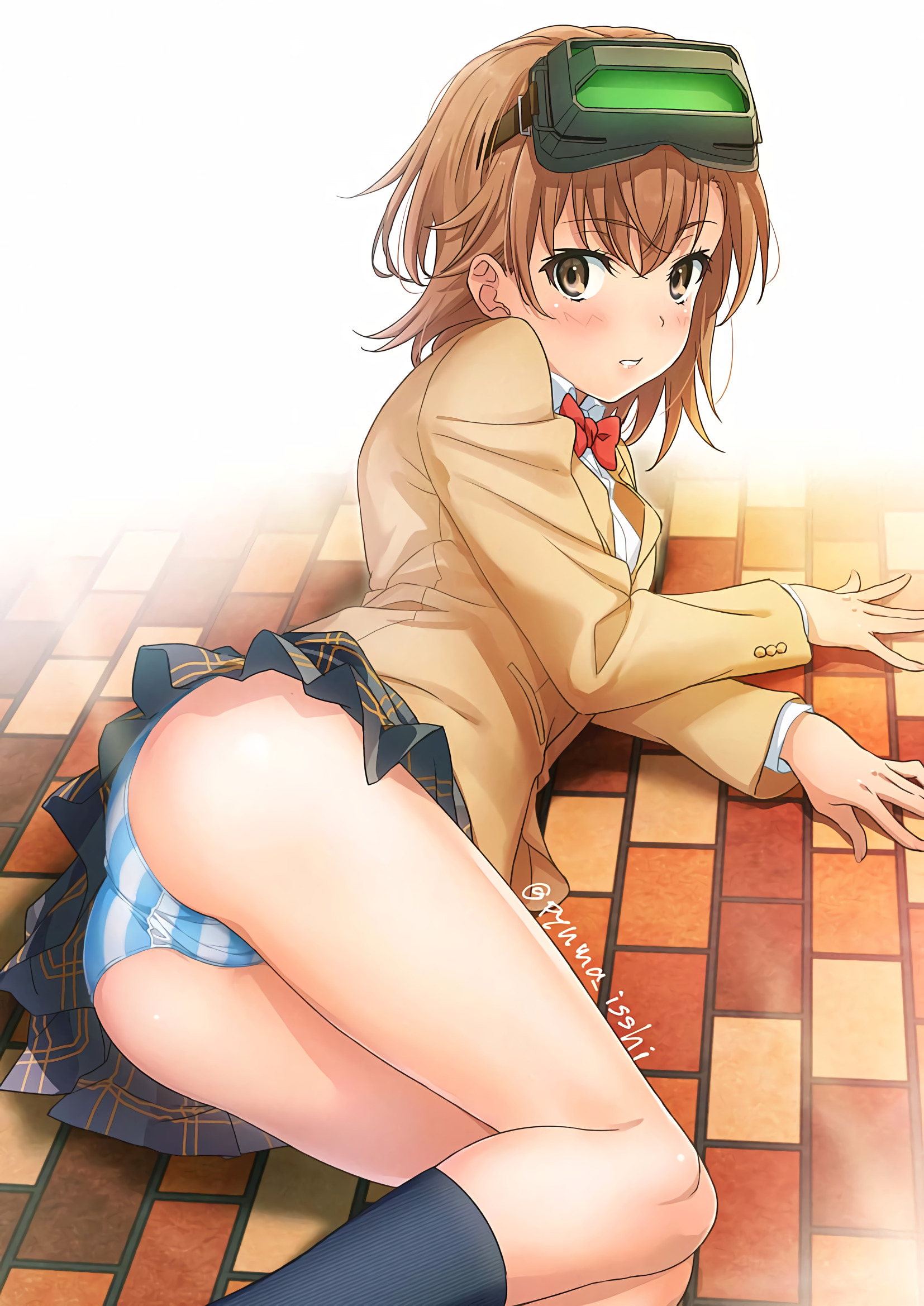 10s, 1girls, 2018, artist name, ass, bare thighs, black legwear, black socks, blazer, blouse, blush, bow, bowtie, brown eyes, brown hair, brown jacket, clone, clothed female, collared shirt, eyebrows visible through hair, female, female only, goggles, goggles on head, grey skirt, hi res, higher resolution available, human, isshi pyuma, jacket, knee socks, kneehighs, kneesocks, looking at viewer, looking back, lying on ground, miniskirt, misaka imouto, necktie, neckwear, no shorts, on floor, open mouth, outdoors, panties, pantyshot, plaid, plaid skirt, red bow, red bowtie, red necktie, red neckwear, school uniform, schoolgirl, shirt, short hair, skirt, socks, solo, solo female, striped, striped panties, teenage female, teenager, thighs, to aru kagaku no railgun, to aru majutsu no index, tokiwadai school uniform, underwear, upskirt, white background, white blouse, young
