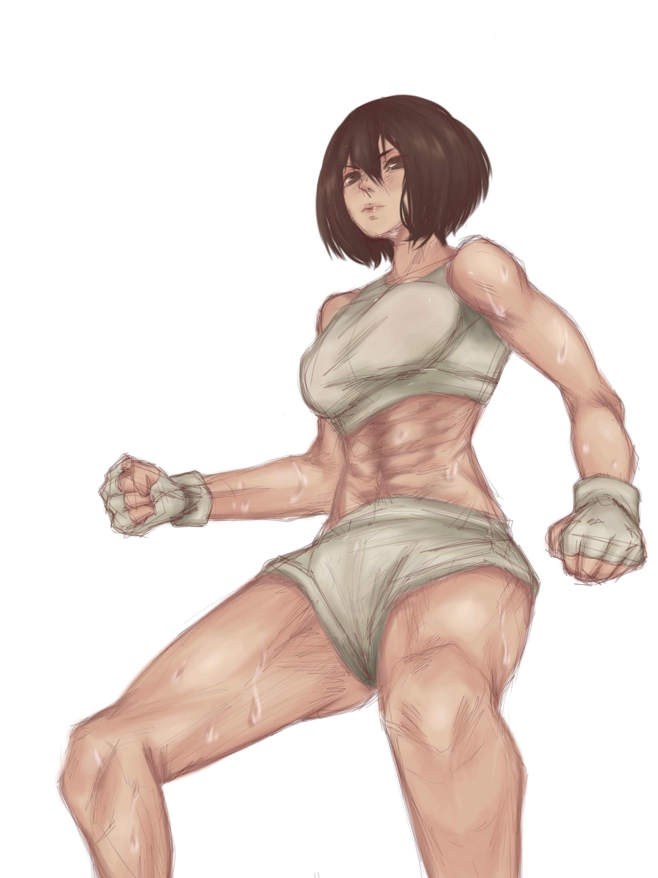 1girls, attack on titan, dark hair, female, female only, fully clothed, mikasa ackerman, muscular, muscular female, shingeki no kyojin, short hair, solo, sunrighto, sweat, training