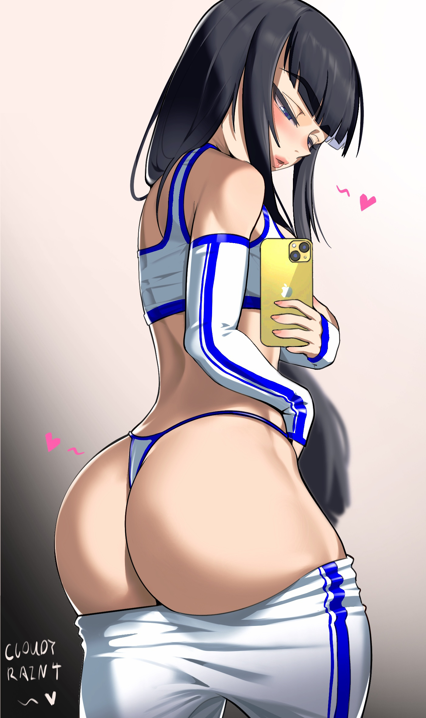 1girls, 2022, 2d, 2d (artwork), artist name, ass, ass focus, big ass, big butt, black hair, blue eyes, blush, breasts, butt focus, cloudy rain4, female, female only, human, human only, kill la kill, kiryuuin satsuki, long hair, paag, pants down, realistic proportions, selfie, small breasts, solo, solo female, standing, straight hair, thong