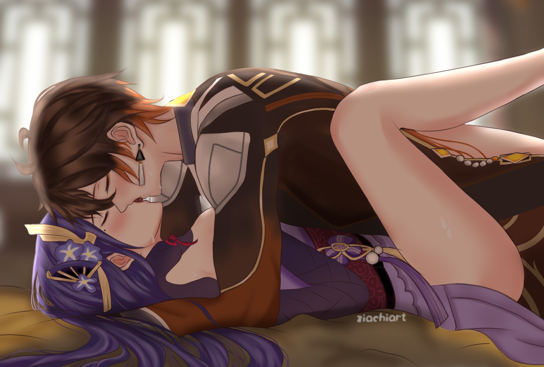 1boy, 1girls, aroused, bare legs, blush, boy on top, breasts, brown hair, chinese male, chinese male japanese female, closed eyes, clothed sex, female, french kiss, genshin impact, happy sex, inazuma girls, japanese female, kimono, kissing, kissing while penetrated, large breasts, legs, legs up, light skin, light-skinned female, looking pleasured, lying, male, mature female, mature male, missionary position, on back, passionate, purple hair, pussy, raiden shogun, romantic, sex, spread legs, straight, tongue, vaginal penetration, zhongli (genshin impact), ziachiart