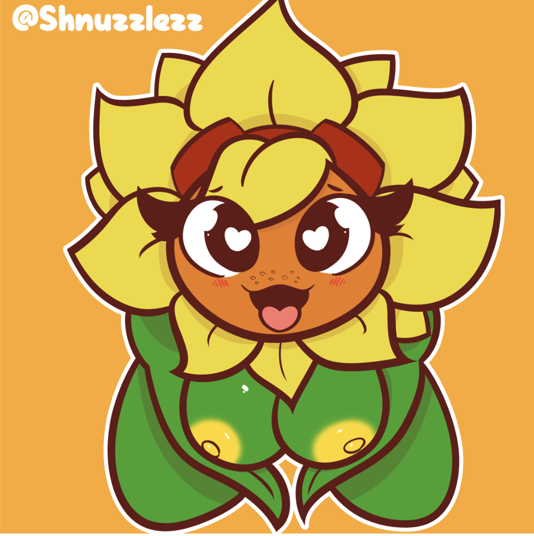 anthro, anthrofied, big breasts, breasts, female, female only, flora fauna, from above, heart-shaped pupils, looking up, plant, plant girl, plant humanoid, plantie, plants vs zombies, plants vs zombies: heroes, popcap, pvz, shnuzzles, shnuzzlez, solar flare (pvz), sunflower, sunflower (pvz)