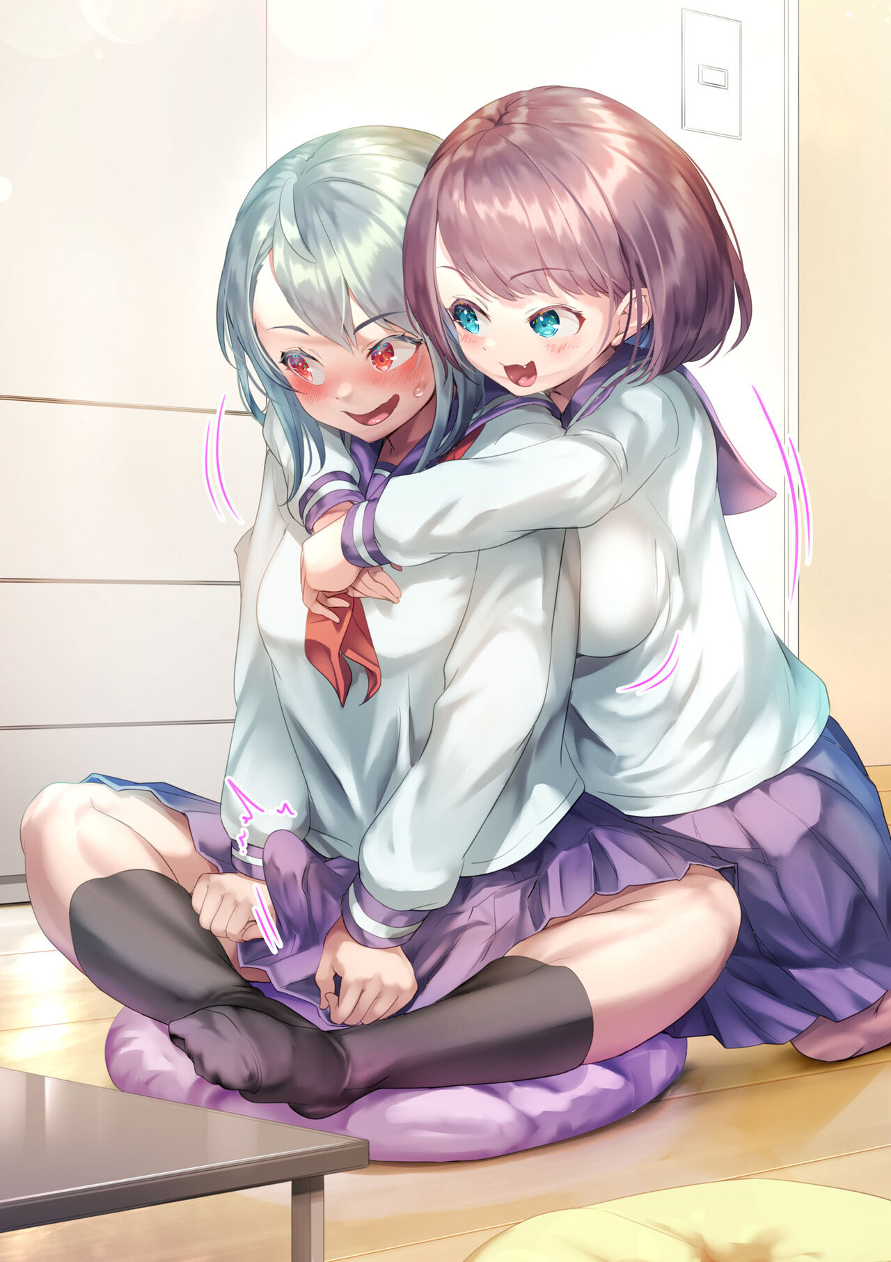1futa, 1girls, ayanakitori, black socks, blue eyes, blush, brown hair, clothed, clothing, duo, erection, erection under clothes, erection under skirt, female, fully clothed, futa sans balls, futanari, hiding erection, human, intersex, light skin, light-skinned female, light-skinned futa, penis, penis under clothes, red eyes, school uniform, schoolgirl, short hair, skirt, skirt pull, socks, sweat