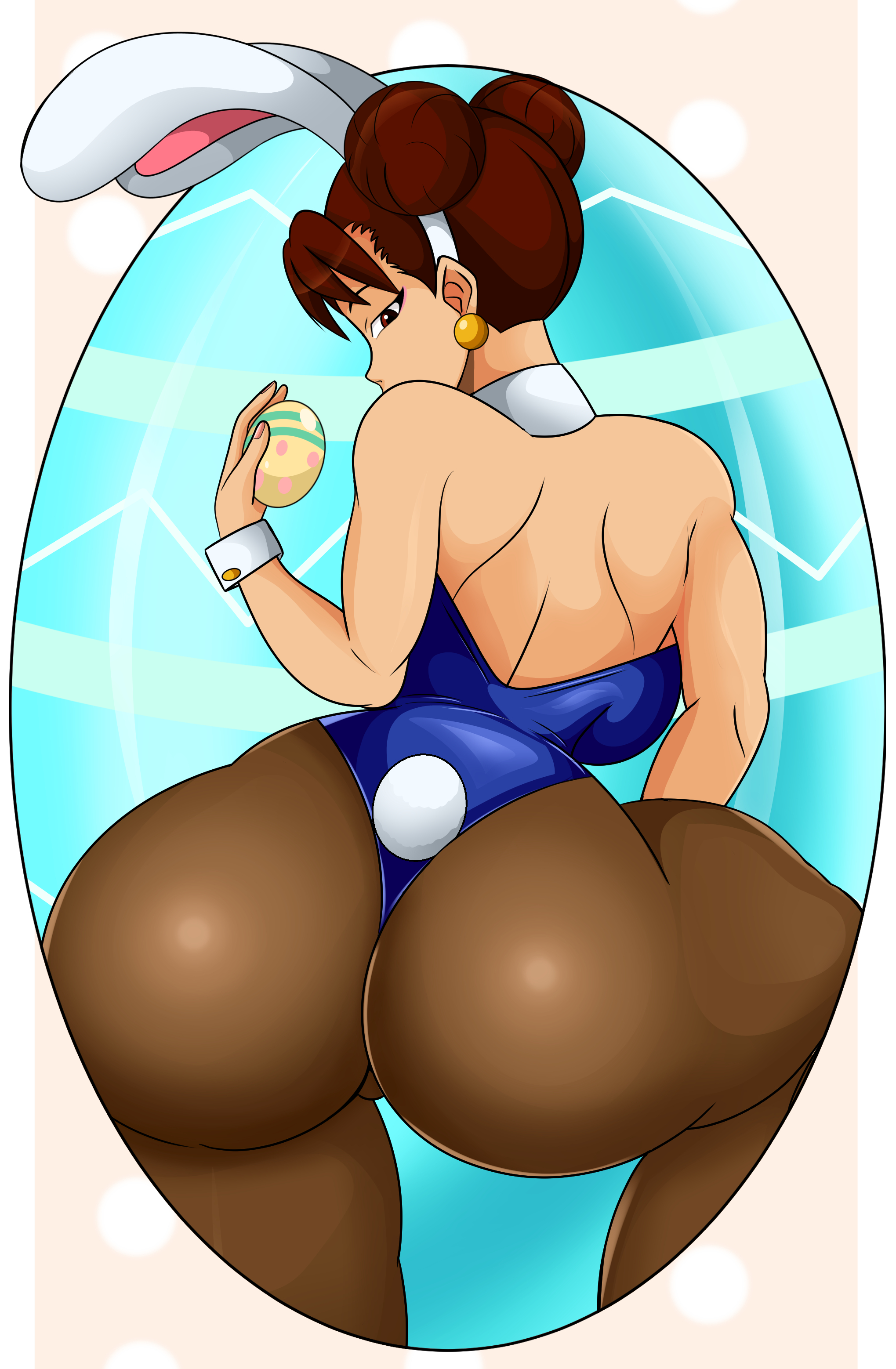 1girls, asian, ass, back, back view, bangs, big ass, big breasts, blue leotard, breasts, brown eyes, brown hair, bunny ears, bunny girl, bunny tail, bunnysuit, capcom, chun-li, clothed, clothing, detailed background, digital media (artwork), earrings, easter, easter egg, egg, female, female only, hair, hair bun, half-closed eyes, headgear, headwear, hi res, highres, holding egg, holding object, large ass, large breasts, leotard, light skin, light-skinned female, long ears, looking at viewer, looking back, muscular, muscular female, neckerchief, pantyhose, short hair, solo, solo female, solo focus, sonson-sensei, street fighter, thick thighs, thighs, wrist cuffs