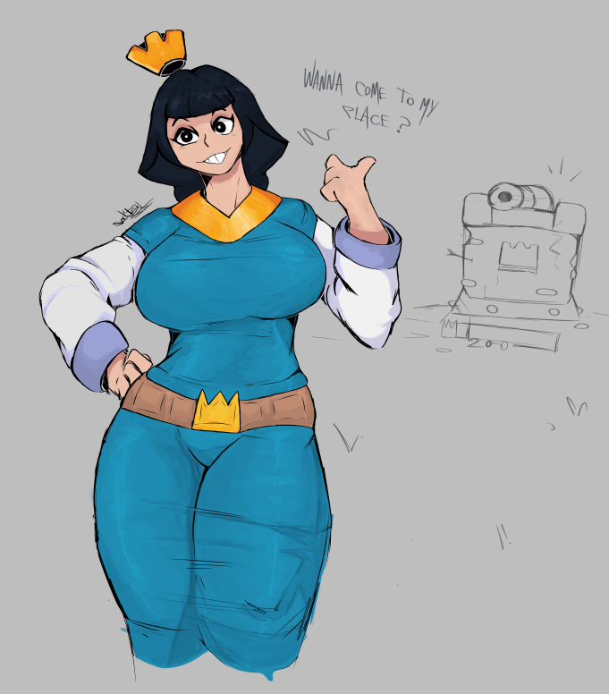 1girls big_breasts black_hair blue_dress breasts_bigger_than_head clash_(series) clash_royale crown female female_focus female_only female_version gender_bender gender_transformation genderbent genderswap_(mtf) grey_background king_(clash_royale) milf mommy_kink queen rule_63 simple_background smiling smiling_at_viewer sockmantgu supercell talking talking_to_viewer text thick_thighs tight_clothing voluptuous voluptuous_female