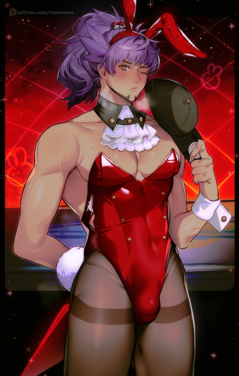 1boy, arm behind back, blush, bunny ears, bunny tail, bunnysuit, cap, dark skin, dark-skinned male, detached collar, gay, gay male, leon (pokemon), long hair, looking at viewer, maemoooo, male, male only, nintendo, nipple bulge, one eye closed, pantyhose, penis, penis bulge, pokemon, pokemon ss, ponytail, purple hair, solo, solo male, steamy breath, wrist cuffs, yaoi