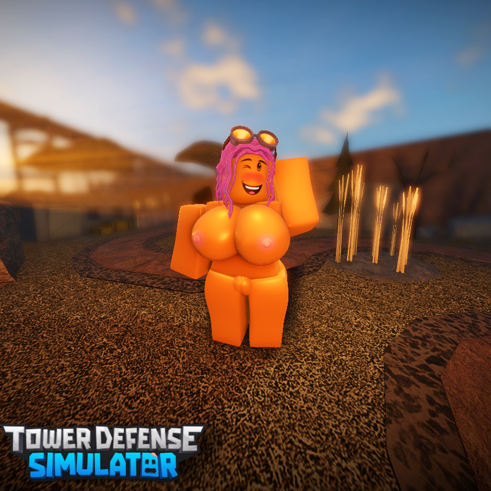 1girls 3d artist_request engineer_(tds) flustered goggles_on_head naked purple_hair roblox roblox_game robloxian smile solo_female source_request tagme tower_defense_simulator