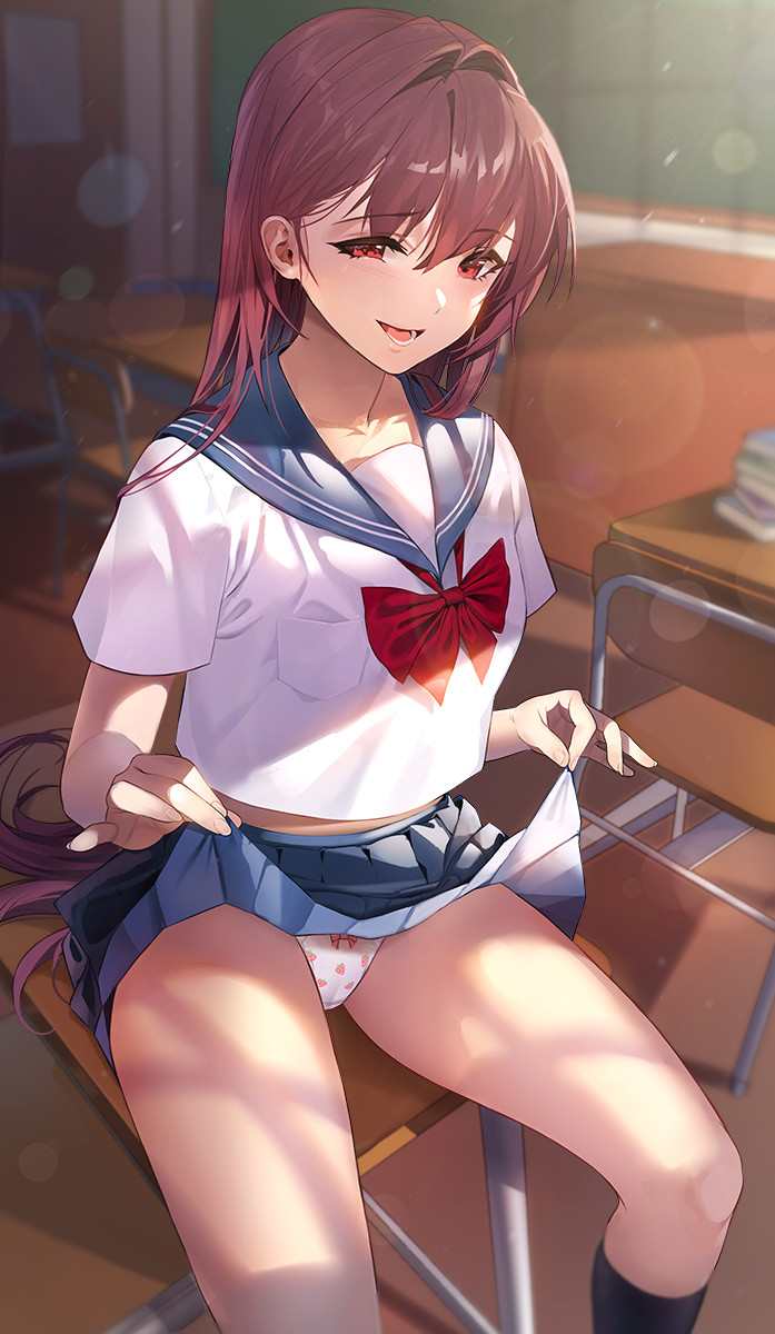 bad_id bad_pixiv_id bangs black_legwear blue_sailor_collar blue_skirt bow bow_panties bowtie chair chalkboard clothes_lift collarbone damda desk eyebrows_visible_through_hair fate/grand_order fate_(series) female food_print hair_behind_ear hair_intakes highres indoors kneehighs long_hair looking_at_viewer midriff on_desk open_mouth panties pleated_skirt red_bow red_bowtie red_eyes red_hair sailor_collar scathach_(fate) school_chair school_desk school_uniform serafuku shirt short_sleeves sitting sitting_on_desk skirt skirt_lift solo strawberry_panties strawberry_print underwear white_panties white_shirt younger_male