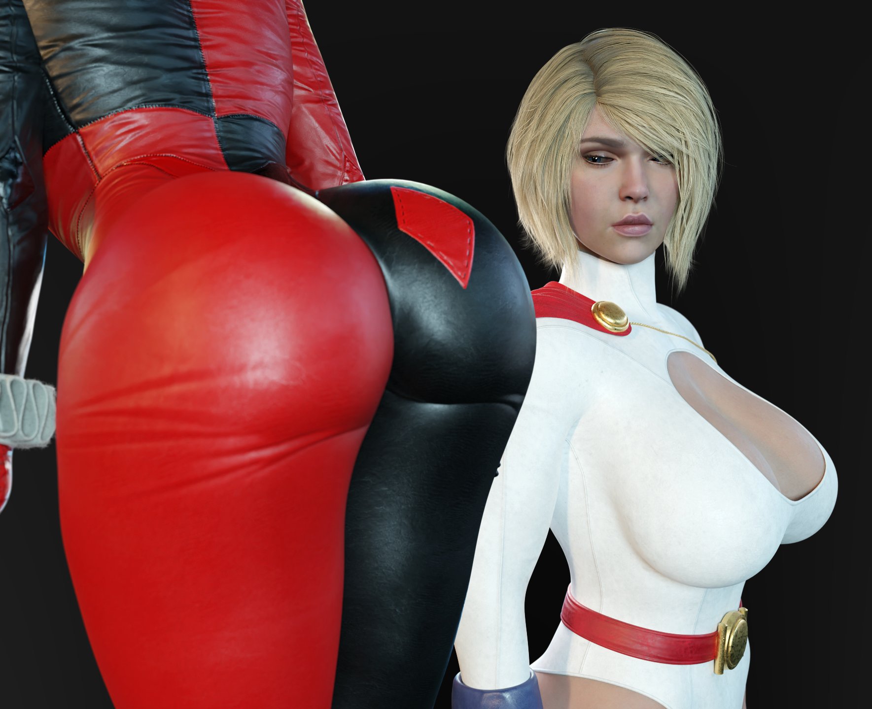 2girls, 3d, 3d (artwork), ass, ass envy, ass focus, batman (series), big ass, big breasts, breasts, cleavage, cleavage cutout, dc, dc comics, female, female only, fully clothed, harley quinn, harley quinn (classic), harley quinn (injustice), injustice 2, jealous, kara zor-l, karen starr, kryptonian, looking at ass, power girl, power girl (injustice), smitty34, staring at ass, superman (series), tight clothing