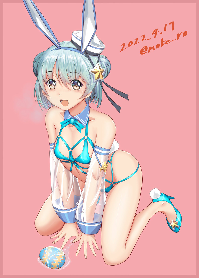 animal_ears black_ribbon blue_footwear blue_hair blue_hairband breasts bunny_ears cute_fang detached_sleeves dixie_cup_hat double_bun easter easter_egg egg fake_animal_ears fake_tail female hairband hat hat_ribbon high_heels kantai_collection military_hat moke_ro navy_cross nontraditional_playboy_bunny rabbit_ears rabbit_tail ribbon samuel_b._roberts_(kantai_collection) see-through_sleeves short_hair small_breasts solo swimsuit tail yellow_eyes