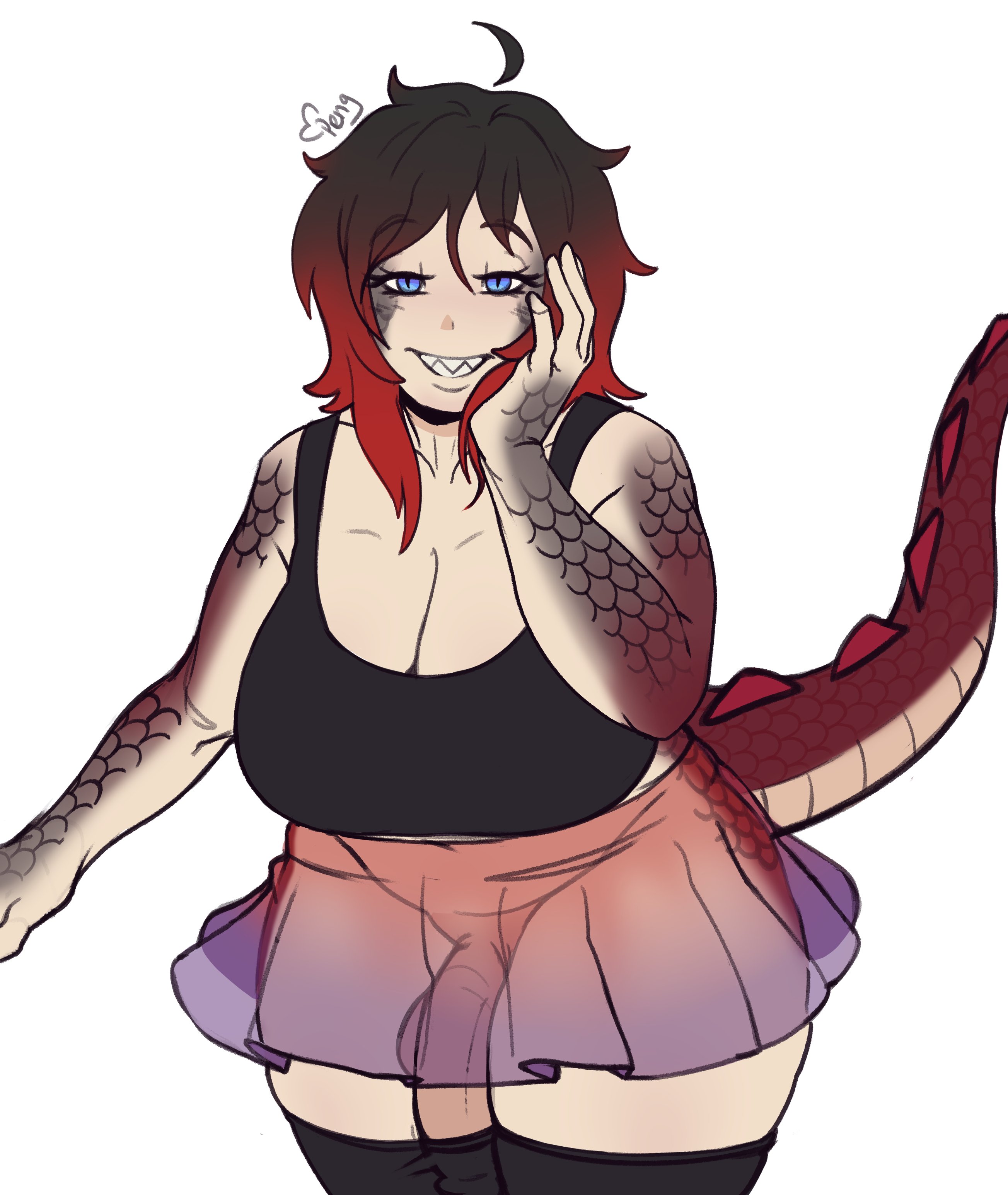 1futa, balls, big breasts, big penis, breasts, cleavage, clothed, clothing, female, flaccid, futa only, futanari, humanoid, intersex, light skin, light-skinned futa, lizard girl, looking at viewer, mostly clothed, pengudraws, penis, penis in thighhighs, red hair, reptile, scales, see-through, sharp teeth, skirt, smile, solo, standing, tail, thick thighs, thighhighs, two-tone hair, wide hips