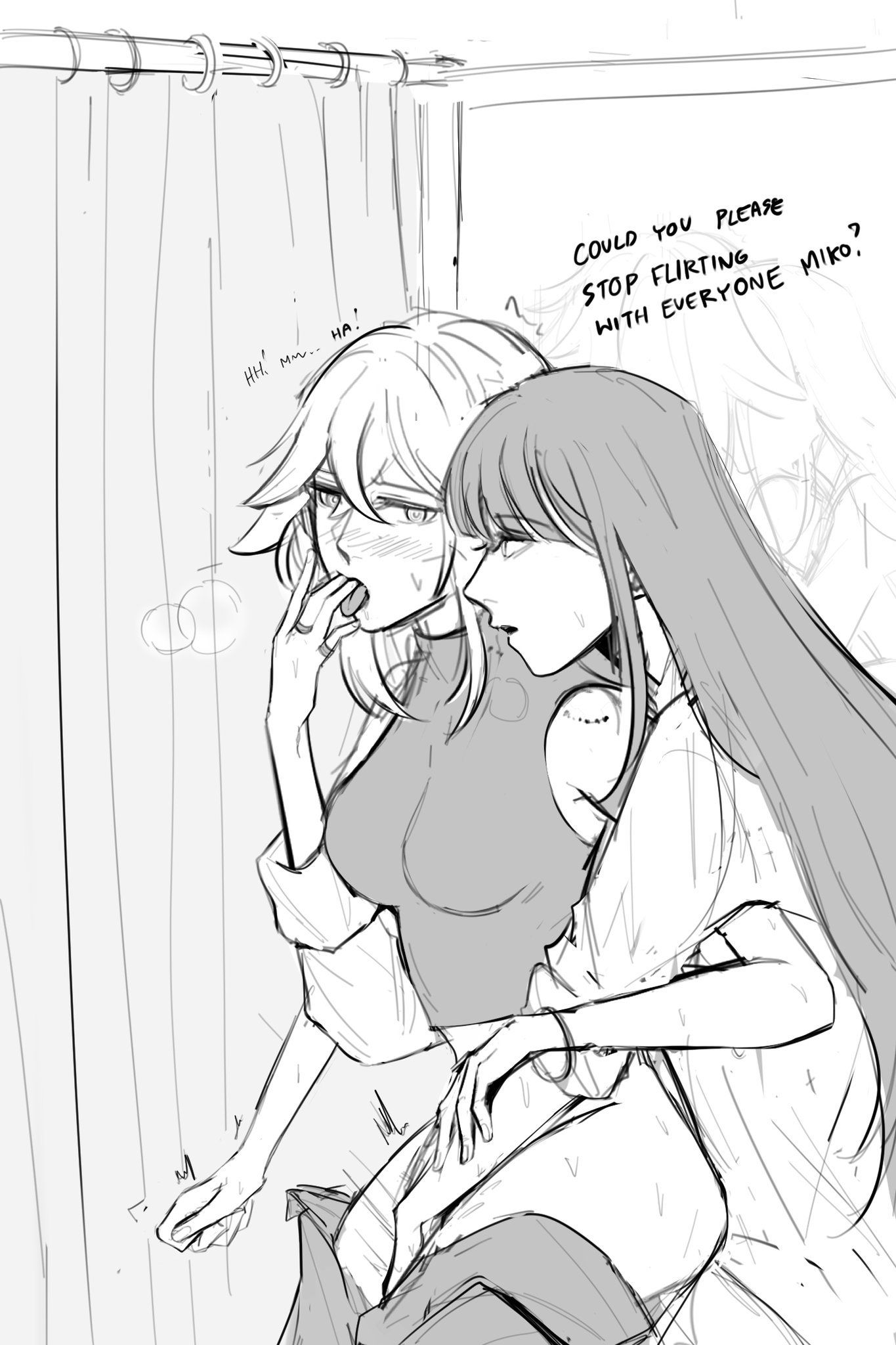 2girls, behind curtain, bite mark, blush, bracelet, dialogue, dressing room, female, female only, finger fuck, fingering, fingering from behind, fingers in mouth, fingers in pussy, genshin impact, hand between legs, jealous, jealousy, lesbian sex, long hair, mirror, multiple females, multiple girls, pants down, partially clothed, possessive, public sex, pussy, raiden shogun, trembling, trembling legs, vaginal penetration, yae miko, yuri