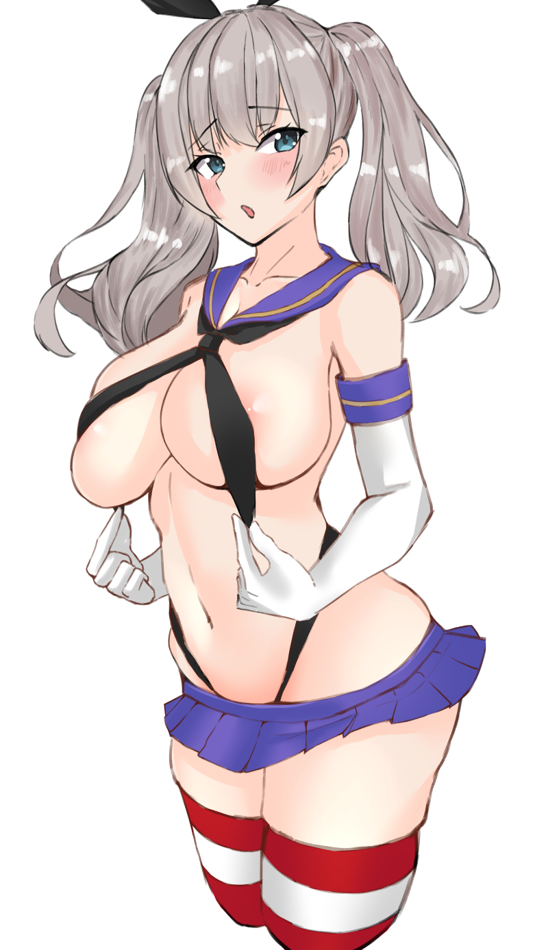 areola_slip areolae bad_id bad_pixiv_id bangs blue_eyes blush breasts collarbone cosplay dted30th elbow_gloves eyebrows_visible_through_hair female gloves grey_eyes highres kantai_collection kashima_(kantai_collection) large_breasts navel nipple_slip nipples open_mouth shimakaze_(kantai_collection) shimakaze_(kantai_collection)_(cosplay) sidelocks silver_hair striped striped_legwear twintails white_gloves