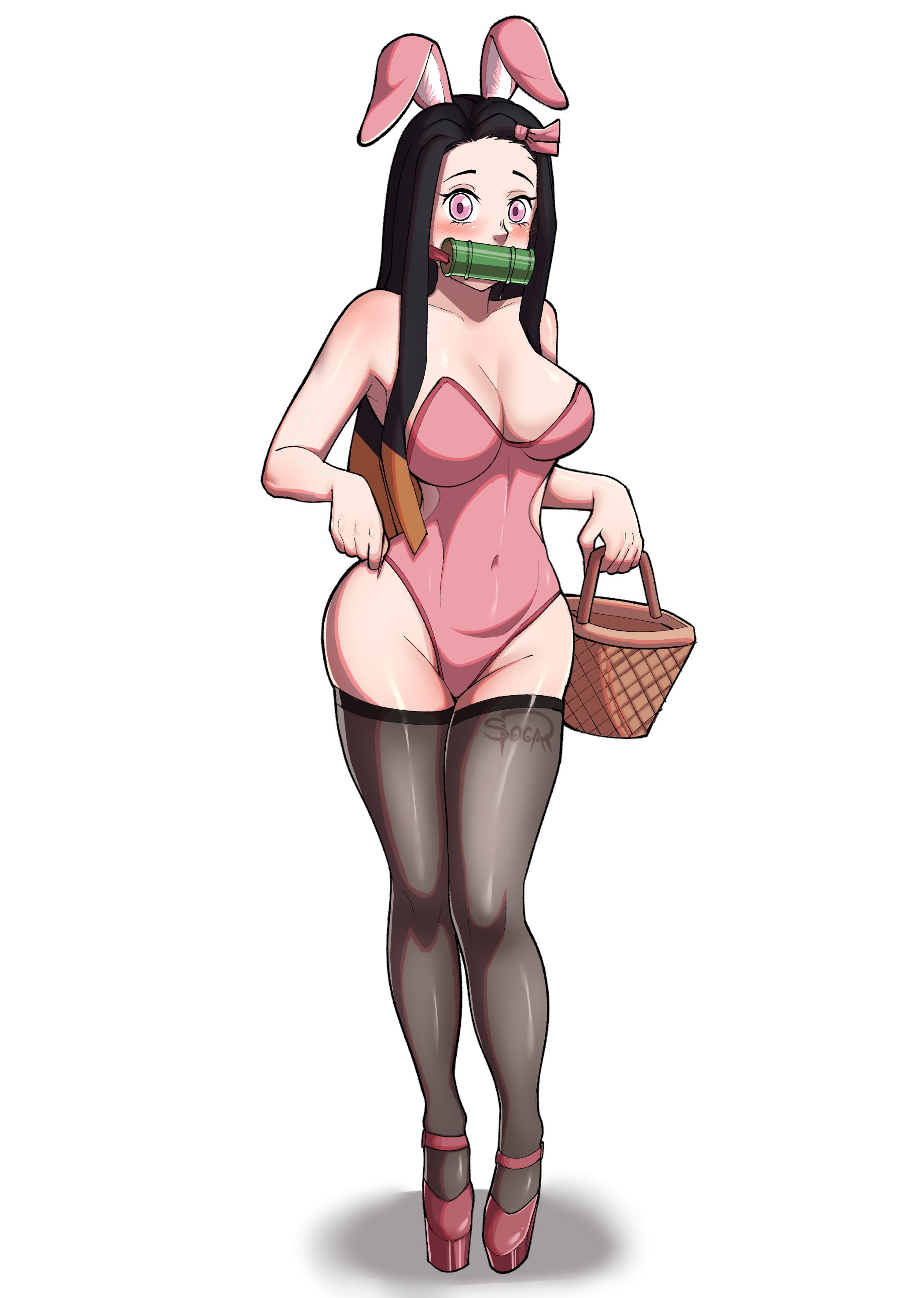 1girls, bamboo gag, big breasts, black hair, black-haired female, breasts, bunny ears, bunny girl, bunnysuit, demon slayer, eye contact, female, female focus, female only, kamado nezuko, kimetsu no yaiba, legwear, leotard, long hair, looking at viewer, lord socar, pink eyes, solo, standing, thighhighs, two-tone hair, white background