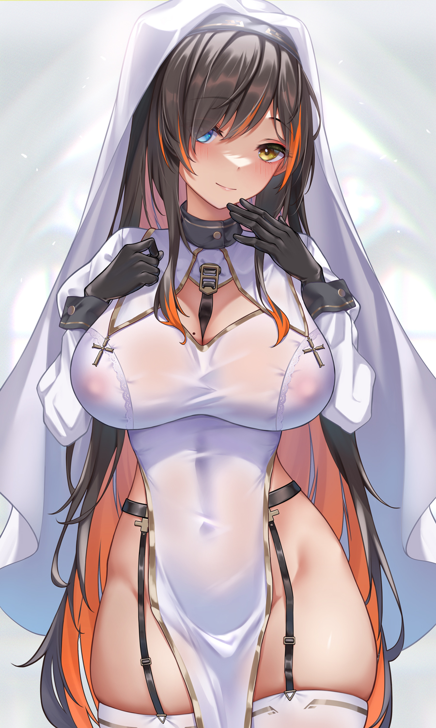 bare hips, between breasts, black gloves, black hair, blue eyes, blush, breasts, closed mouth, colored inner hair, covered erect nipples, covered navel, cowboy shot, dress, female, garter straps, gloves, habit, hair over one eye, hand on own chest, hands up, heterochromia, highres, impossible clothes, impossible dress, large breasts, long sleeves, looking at viewer, mole, mole on breast, multicolored hair, nolmo, nun, orange hair, original, sideless outfit, skindentation, smile, solo, thighhighs, two-tone hair, white dress, white legwear, yellow eyes