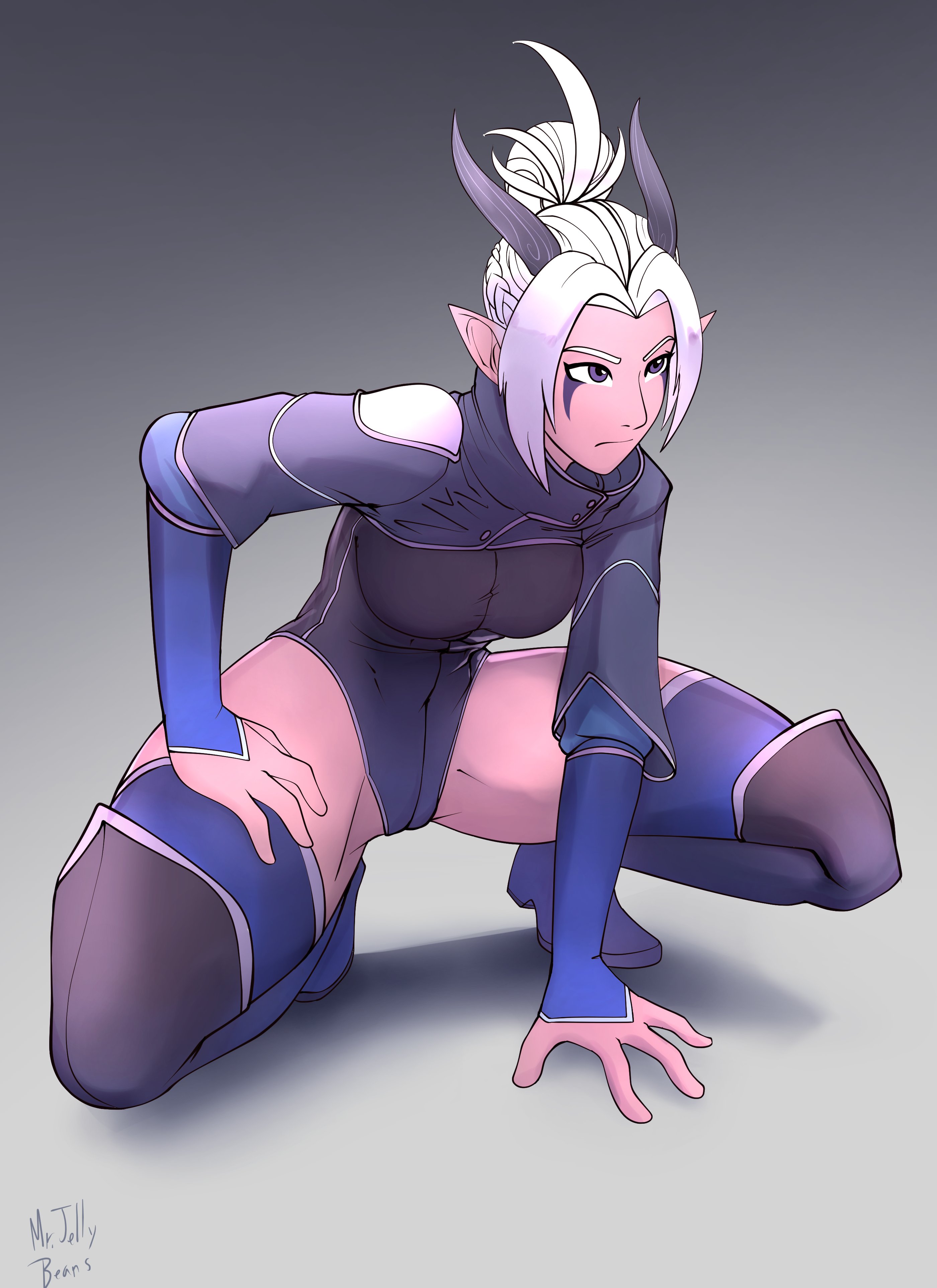1girls, 4 fingers, boots, cameltoe, elf, elf ears, female, female focus, female only, grey background, horns, moonshadow elf, mr.jellybeans, non-nude, pointy ears, purple eyes, purple hair, purple-haired female, pussy, rayla (the dragon prince), short white hair, short-haired female, simple background, skimpy clothes, solo, the dragon prince, thick thighs, thigh boots, thighhighs, twitter, white hair, white-haired female