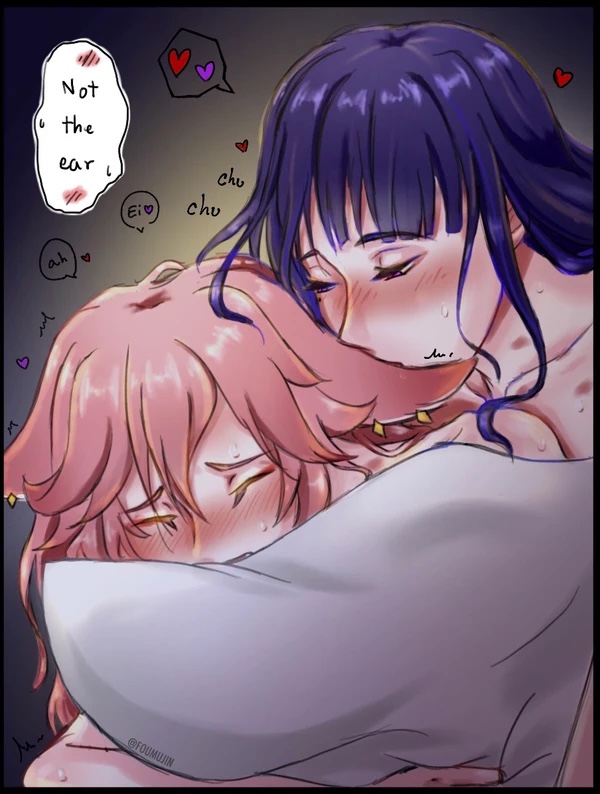 2girls blush closed_eyes dialogue ear_kiss ear_piercing earrings face_in_pillow female female_only foumujin fox_ears fox_girl genshin_impact hickey hickey_marks lesbian_sex light-skinned_female naked pillow pink_hair purple_hair raiden_shogun sensitive uncommon_stimulation yae_miko yuri