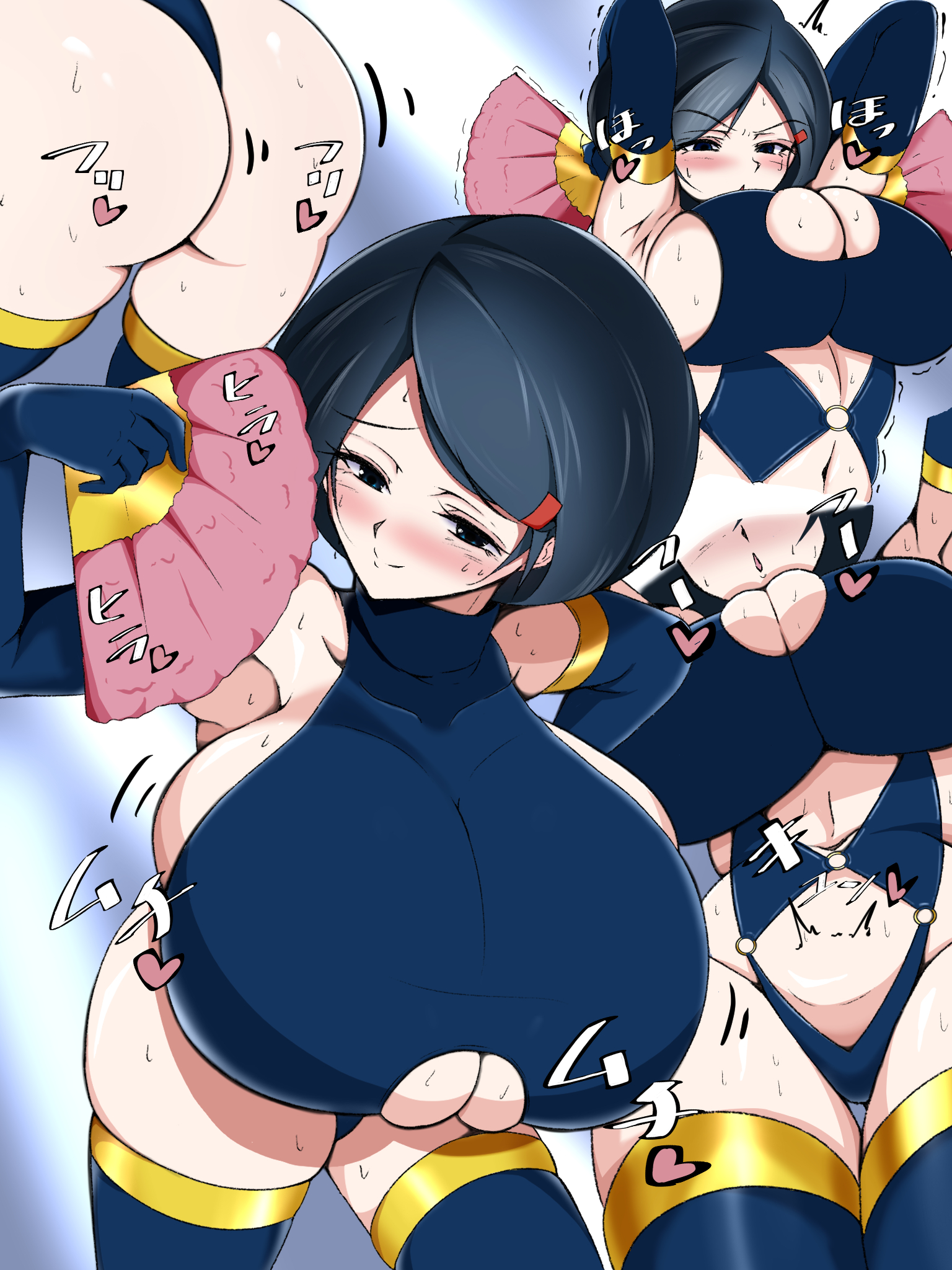 1girls, alternate breast size, alternate costume, alternate version available, armpits, arms behind back, arms up, ass, blue eyes, blue hair, blush, boob window, breasts, colored, fan, fanning self, female, female only, game freak, gloves, hair ornament, heart, huge breasts, japanese text, johanna (pokemon), kia-shi, large ass, leggings, long gloves, looking at viewer, milf, multiple poses, navel, nintendo, pokemon, pokemon dppt, short hair, smile, smiling, smiling at viewer, solo, sweat, sweatdrop, tagme, thick thighs, thighs, tight clothing