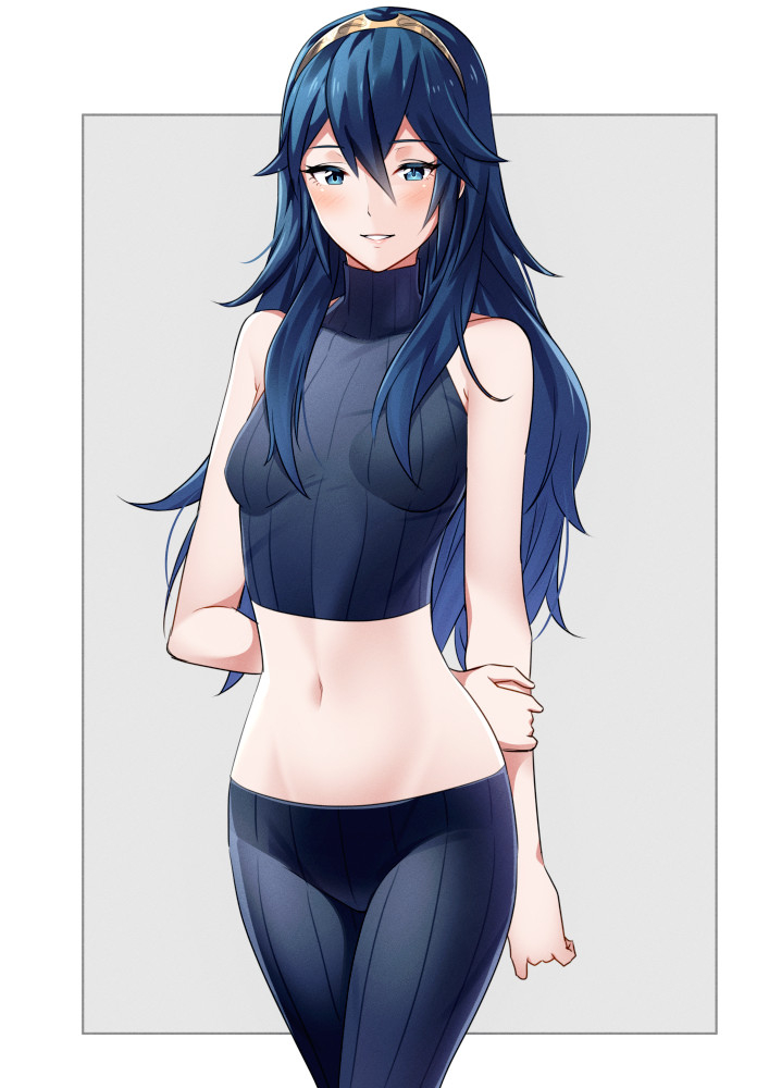 1girls, ameno (a meno0), arms behind back, bangs, bare arms, bare shoulders, blue eyes, blue hair, blush, breasts, female, female only, fire emblem, fire emblem awakening, grey background, holding own arm, jewelry, lips, long hair, looking at viewer, lucina (fire emblem), midriff, midriff baring shirt, navel, nintendo, pants, parted lips, shiny, shiny hair, simple background, skin tight, sleeveless, small breasts, smile, solo, stomach, tiara, turtleneck