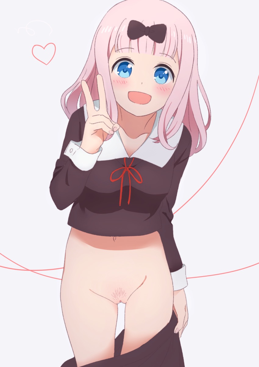 female, female pubic hair, fujiwara chika, kaguya-sama wa kokurasetai ~tensai-tachi no renai zunousen~, pants down, peace sign, pink hair, pubic hair