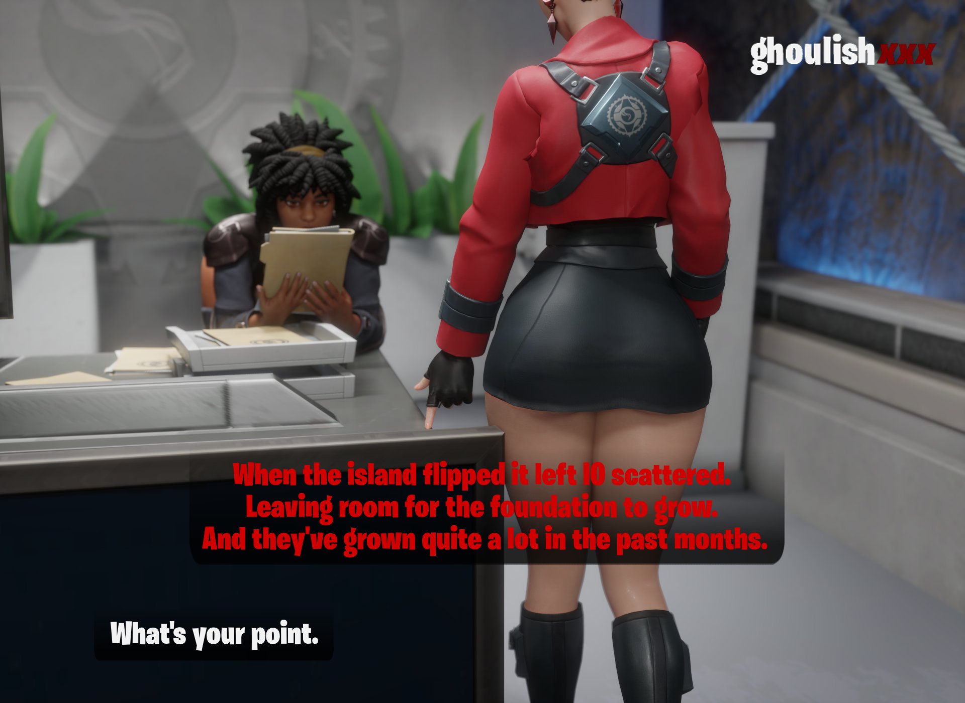 1futa, 1girls, 3d, bending forward, blender, clothed, dark skin, dark-skinned female, doctor slone, female, fortnite, futanari, ghoulishxxx, intersex, kor (fortnite), pale skin, pale-skinned futa, skirt, table, tagme, text, watermark