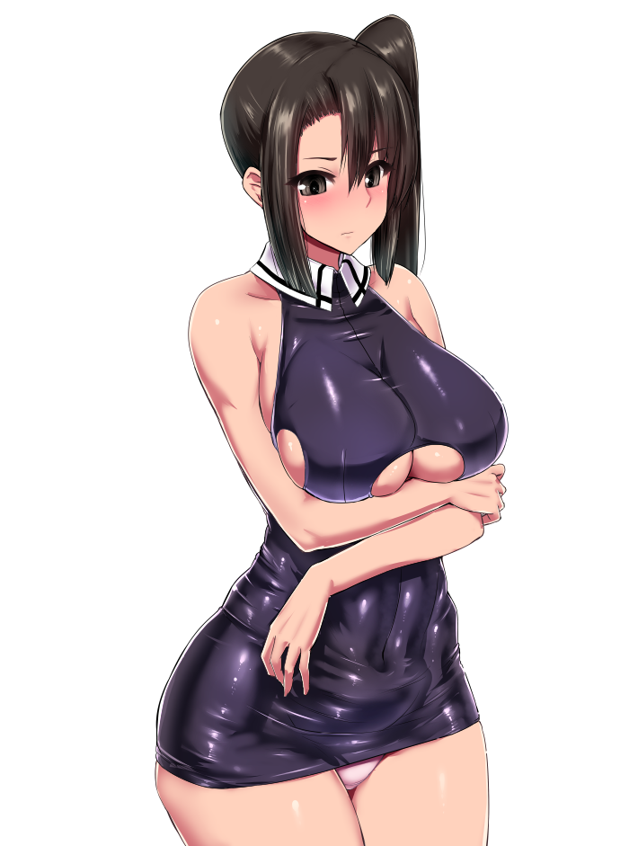 asymmetrical_bangs bangs bare_arms bare_shoulders black_dress blush bodycon breasts brown_eyes brown_hair collared_dress covered_navel cowboy_shot curvy dress embarrassed female hair_between_eyes hand_on_own_arm hand_on_own_elbow ishimiso_(ishimura) kantai_collection large_breasts latex latex_dress legs_together long_hair microdress nachi_(kantai_collection) narrow_waist panties panty_peek pantyshot pantyshot_(standing) pink_panties shiny shiny_clothes shiny_skin sideboob simple_background skin_tight skindentation sleeveless sleeveless_dress solo underboob underwear white_background wide_hips wing_collar