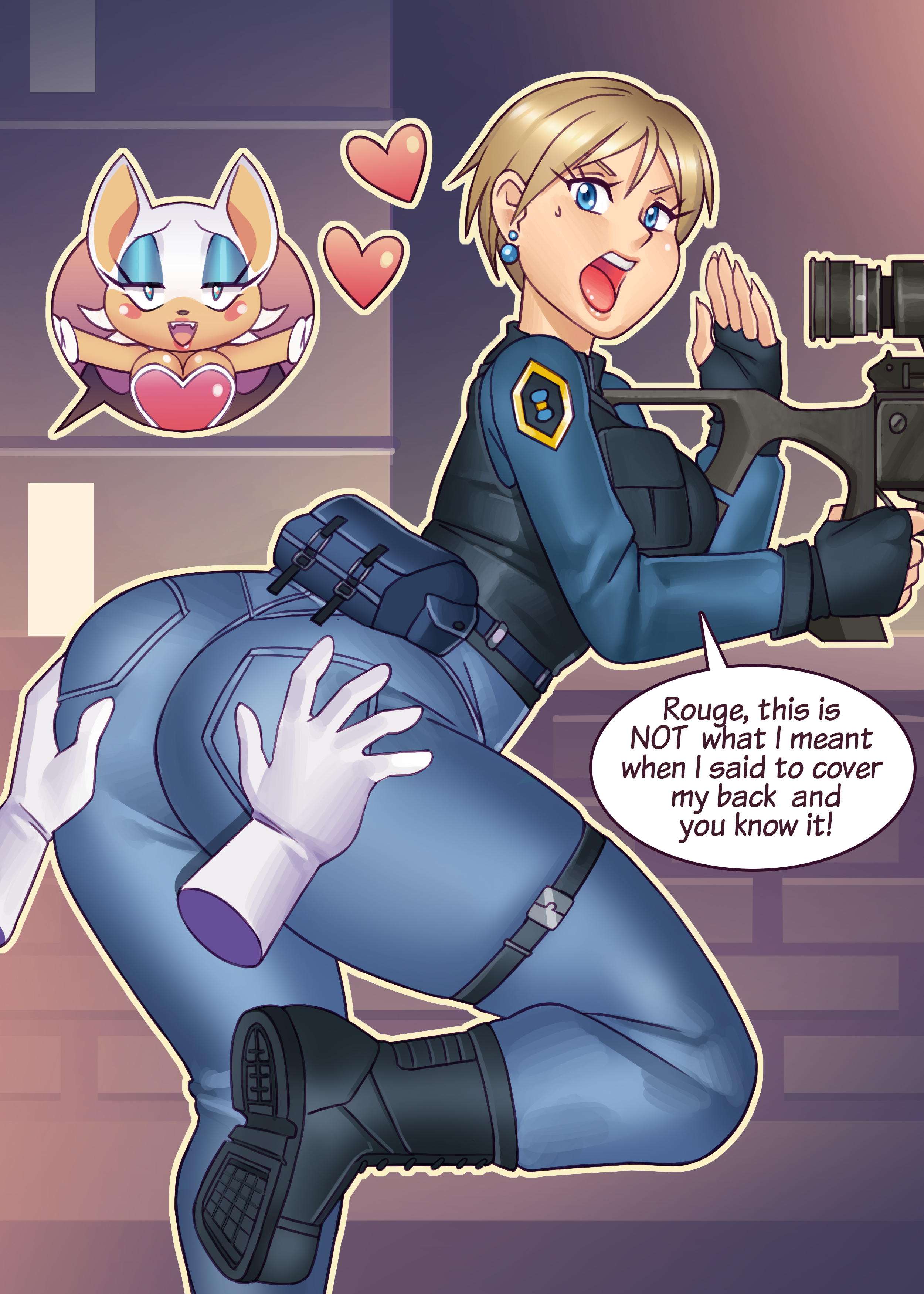 2girls, annoyed, annoyed expression, anthro, anthro female, ass, bat, big ass, big butt, blonde hair, blue eyes, bubble ass, bubble butt, dialogue, earrings, english text, fangs, female, female anthro, female focus, female human, female only, firearm, form fitting, furry female, grabbing, grabbing ass, gun, hands on ass, hi res, high resolution, highres, human, interspecies, interspecies relationship, military, military uniform, mobian (species), nauth, nauth le roy, offscreen character, rifle, rouge the bat, sega, short hair, sonic (series), sonic the hedgehog (series), sonic x, speech bubble, text, tight clothing, topaz (sonic the hedgehog), uniform, yuri