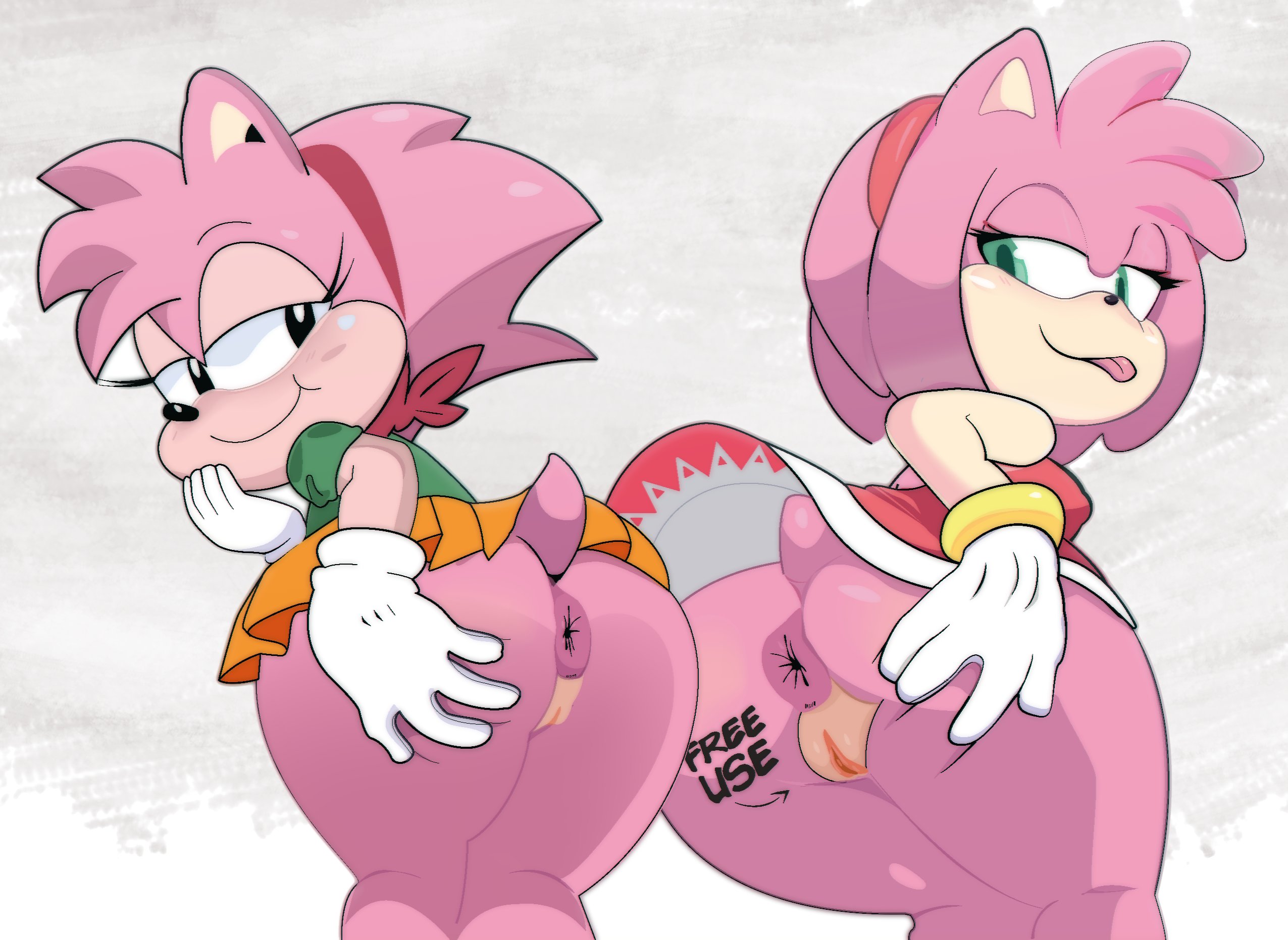 2girls, 4 fingers, accessory, amy rose, animal ears, anthro, anthro only, anthrofied, anus, ass, big anus, big ass, big butt, black nose, blush, bottom heavy, bottomless, bracelet, breasts, bubble ass, bubble butt, classic amy rose, clothed, clothing, cute, dress, english text, eulipotyphlan, eyelashes, fat ass, fat butt, female, female focus, female only, free use, fur, furry, furry only, genitals, gloves, going commando, gosgoz, green eyes, hairband, hand on own thigh, hand on thigh, hedgehog, hi res, huge ass, huge butt, humanoid genitalia, humanoid hands, humanoid pussy, humanoid vagina, jewelry, looking at viewer, looking back, mammal, multicolored fur, nipple bulge, no panties, no underwear, pink fur, presenting, presenting anus, presenting hindquarters, presenting pussy, pussy, red dress, round ass, round butt, sega, smile, sonic (series), sonic the hedgehog (series), tail, tan fur, tattoo, tattoo on ass, tattoo on butt, text, thick, thick ass, thick thighs, tongue, tongue out, two-tone fur, uncensored, vagina, wide hips