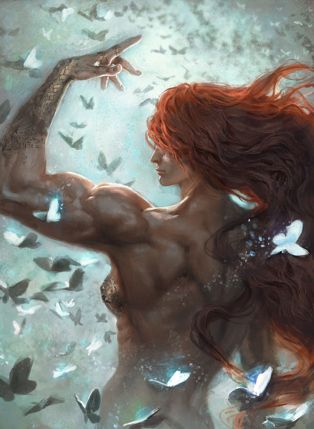 1girls 2022 alternate_body_type breasts butterfly casual_nudity elden_ring female female_only fromsoftware malenia_blade_of_miquella muscular_female nude nude_female painting_(artwork) red_hair solo solo_female toned_female vales_arts zyzz zyzz_pose