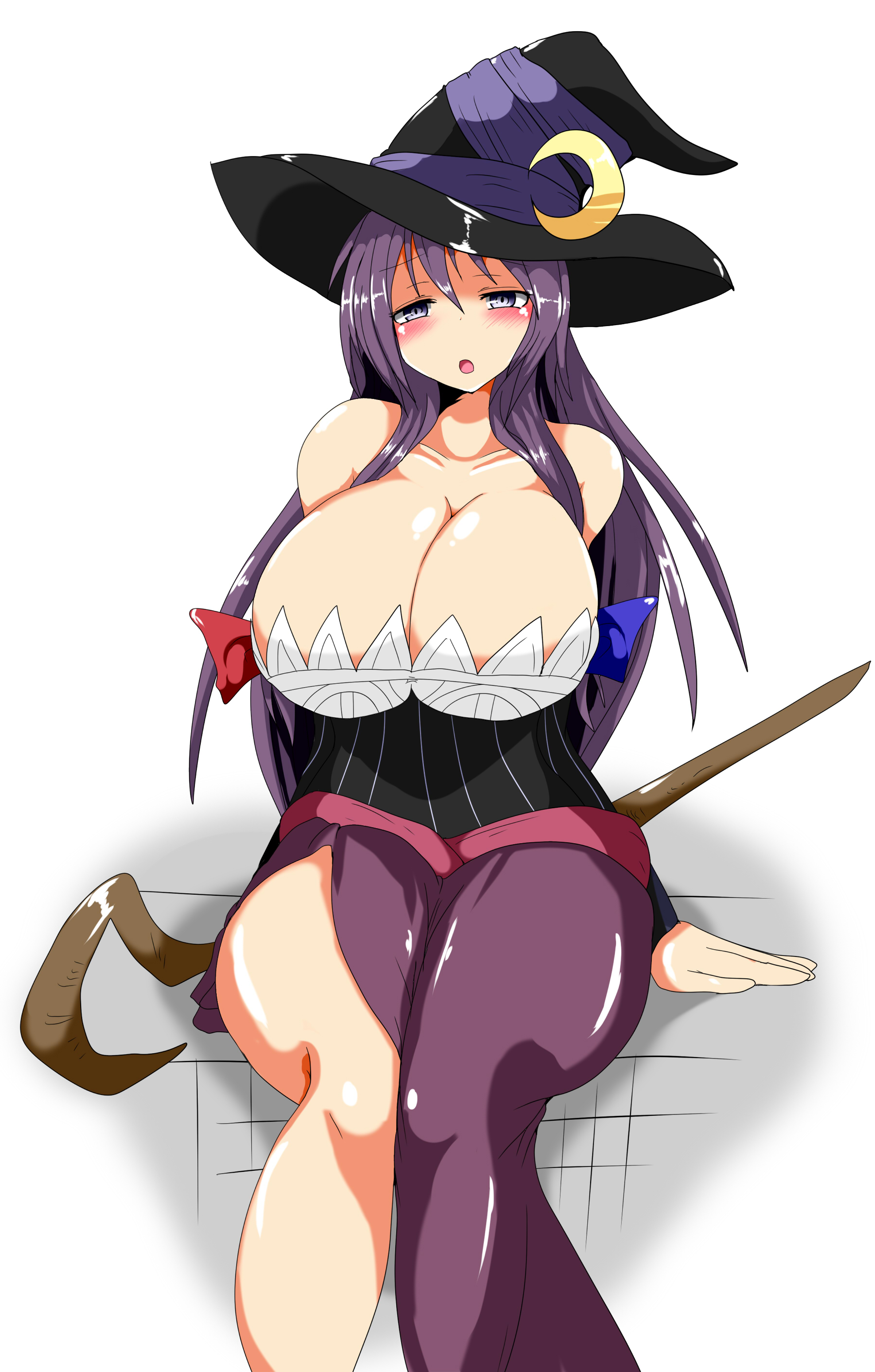 1girls, absurdres, bare shoulders, blue bow, blue ribbon, blush, bow, breasts, cleavage, commentary, cosplay, crescent, crescent hat ornament, detached sleeves, dragon's crown, dress, female, hair ribbon, hat, hat ornament, highres, huge breasts, long hair, looking at viewer, patchouli knowledge, purple eyes, purple hair, red bow, red ribbon, ribbon, sash, side slit, solo, sorceress (dragon's crown), sorceress (dragon's crown) (cosplay), staff, taku (yakumodaisuki), takukuroneko, touhou, very long hair, witch hat
