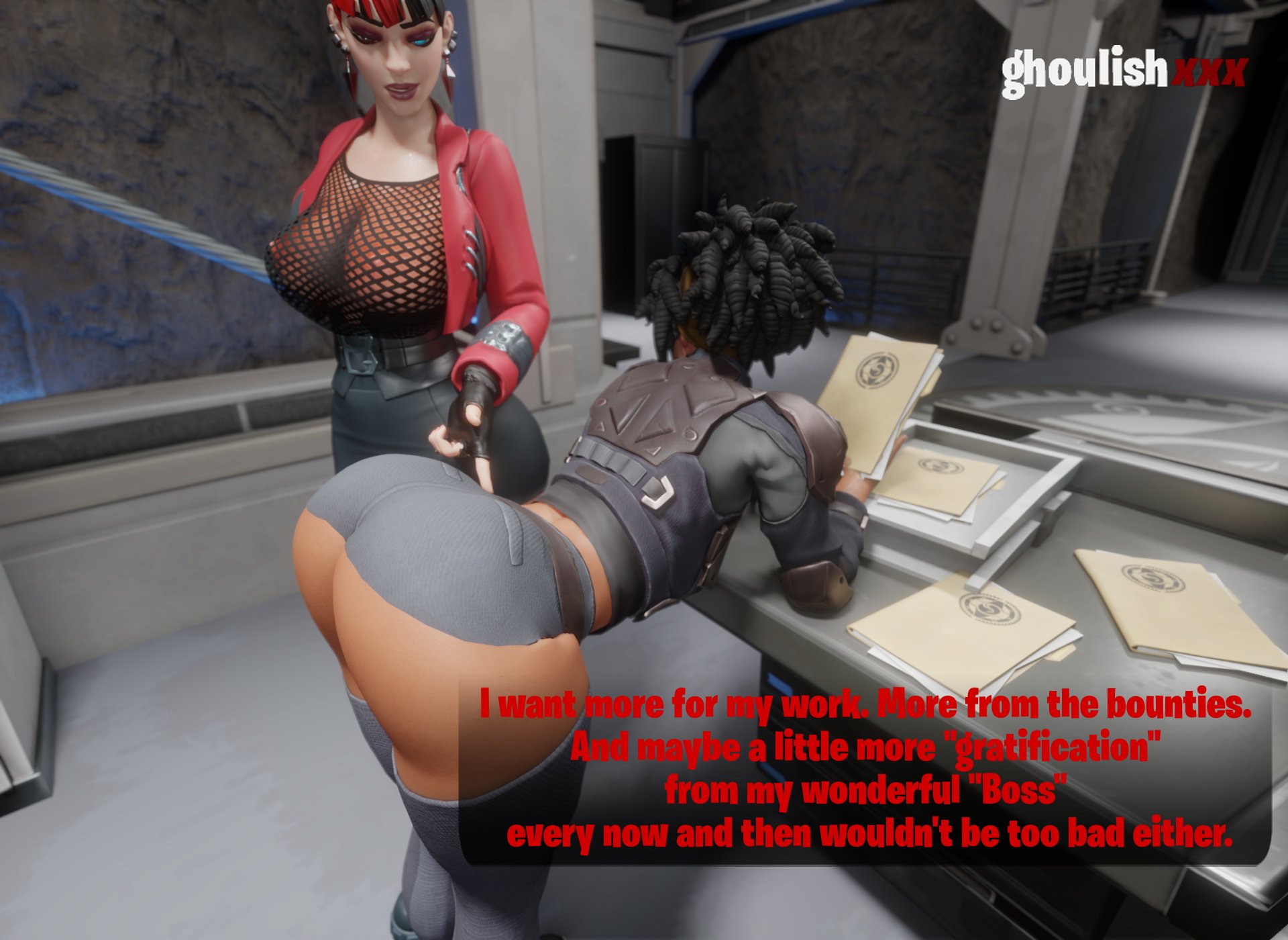1futa, 1girls, 3d, ass, big ass, big breasts, blender, breasts, dark skin, dark-skinned female, doctor slone, female, fortnite, futa on female, futanari, ghoulishxxx, intersex, kor (fortnite), looking at partner, nipples, office, pale skin, pale-skinned futa, see-through clothing, shorts, table, tagme, text, thick thighs, watermark
