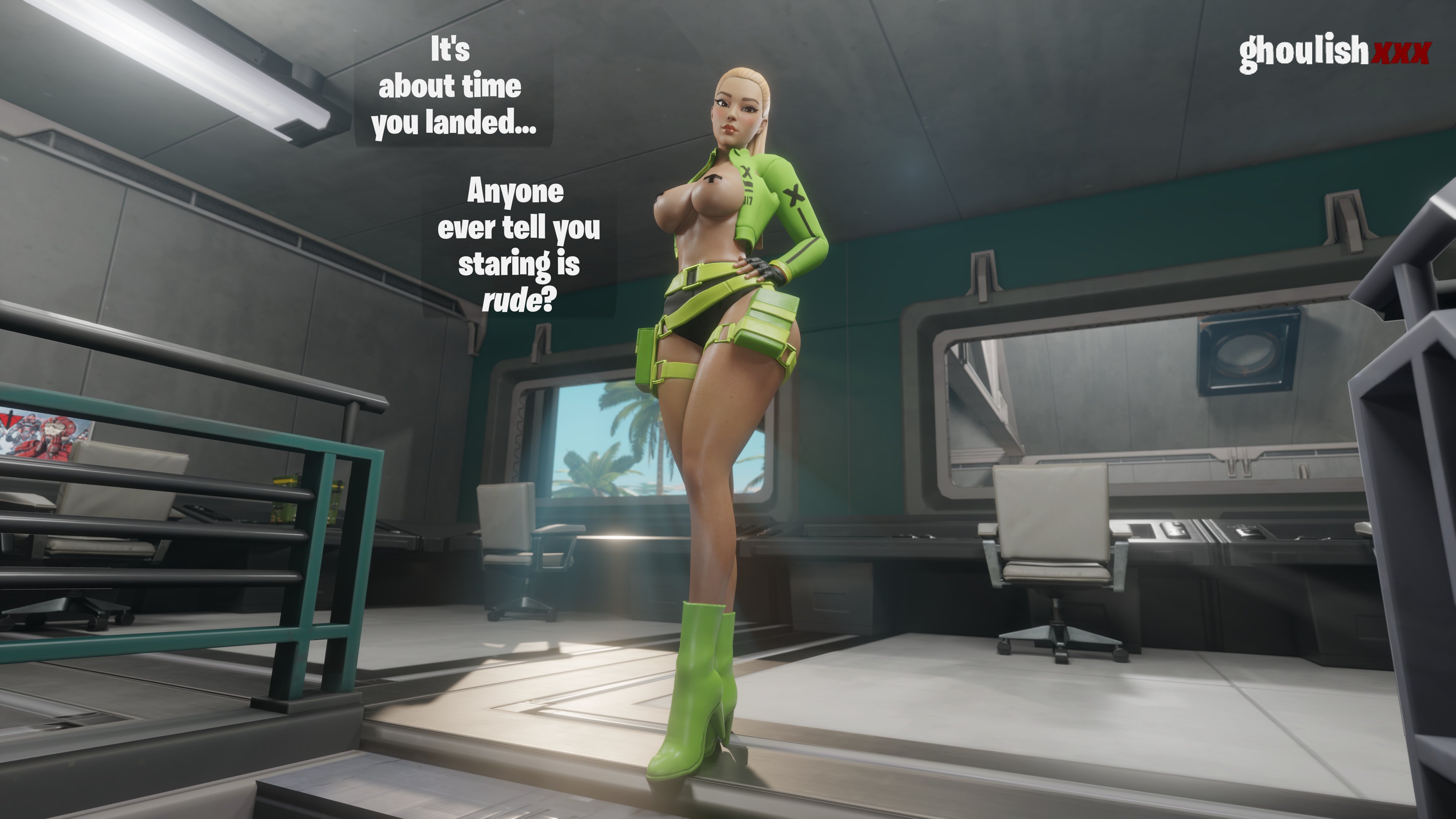 blonde hair, breasts, female, fortnite, ghoulishxxx, kyra (fortnite), tagme, text