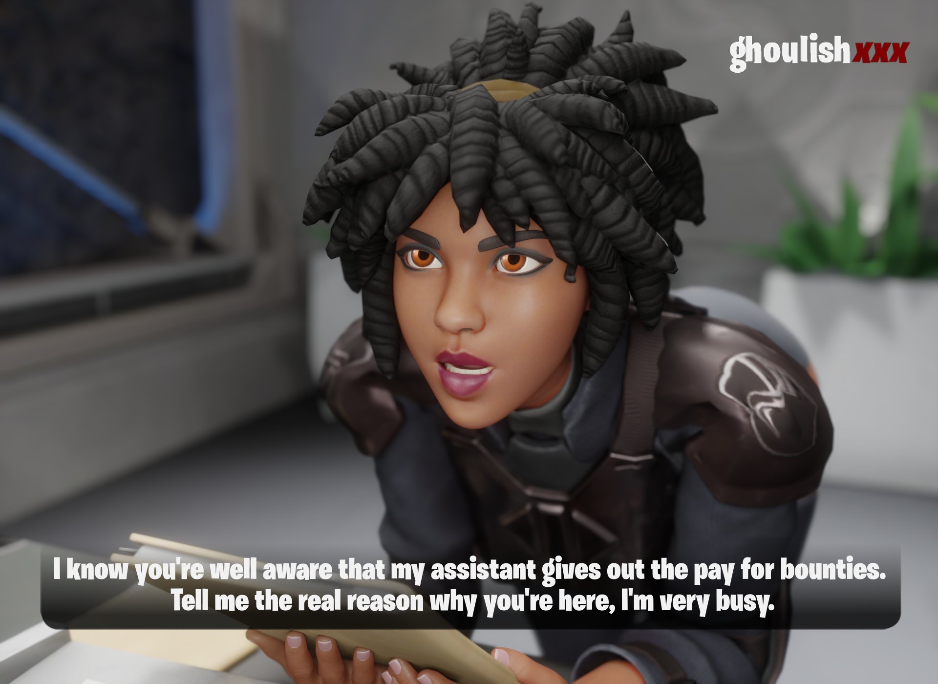 1girls, 3d, blender, close-up, dark skin, dark-skinned female, doctor slone, female, female only, fortnite, ghoulishxxx, kor (fortnite), solo, solo focus, tagme, text, watermark