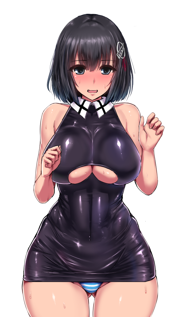 ass_visible_through_thighs bare_shoulders black_hair blush bodycon breasts curvy dress female full-face_blush haguro_(kantai_collection) hip_dips huge_breasts ishimiso_(ishimura) kantai_collection looking_at_viewer microdress panties pantyshot pantyshot_(standing) shimapan short_hair simple_background smile solo striped striped_panties thigh_gap thighs underboob underwear white_background wide_hips