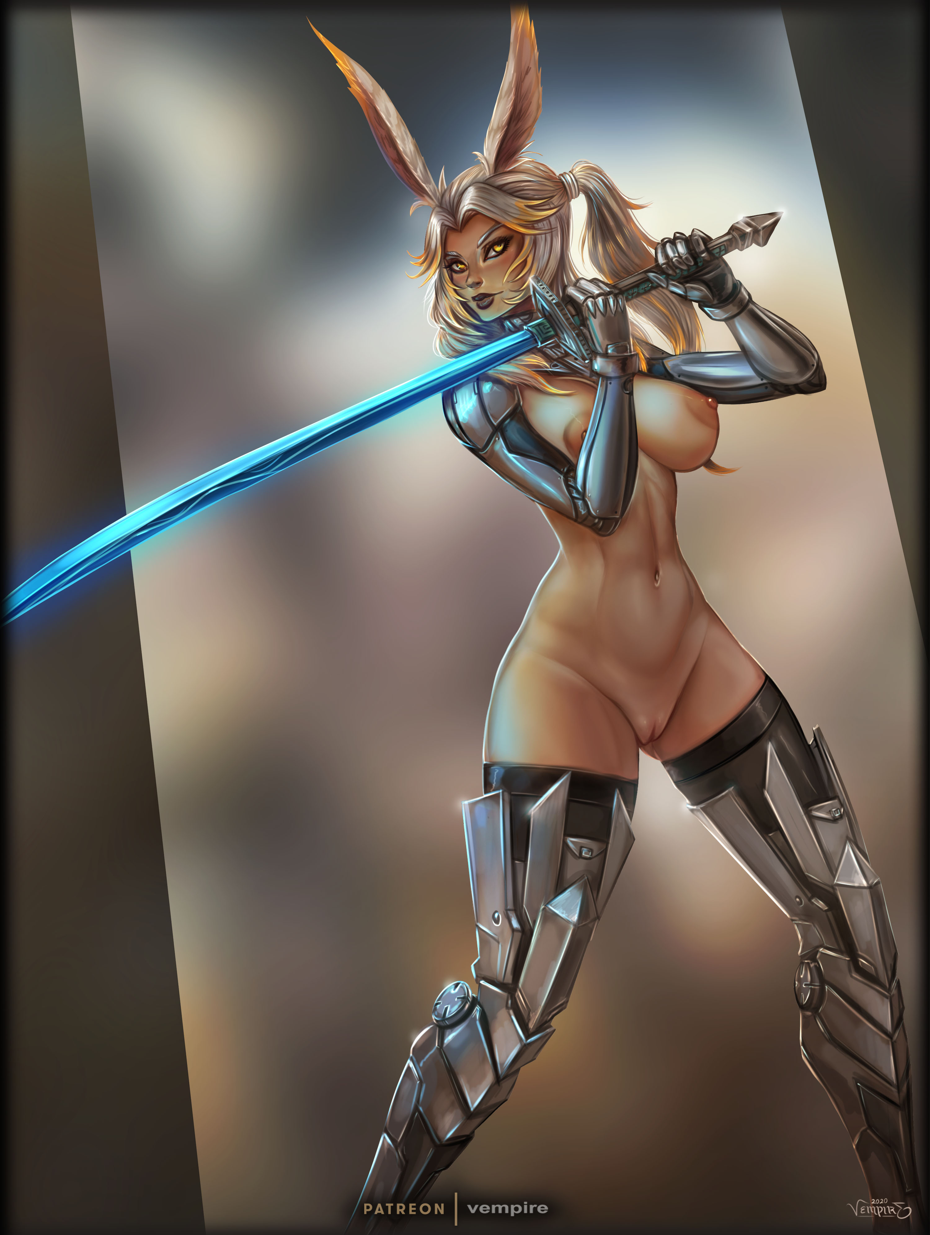 armor, breasts, dark skin, dark-skinned female, female, final fantasy, final fantasy xiv, katana, metal armor, naked footwear, pinup, silver hair, stockings, sword, sypha flowen, vempire, viera, weapon, yellow eyes