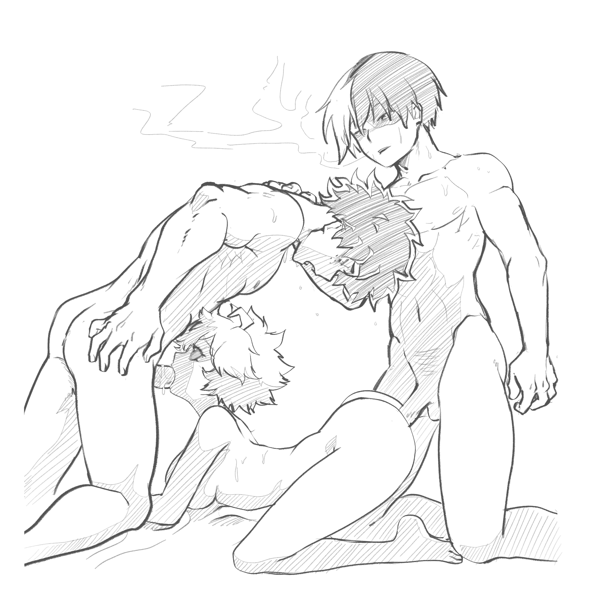 1girls, 2boys, ambiguous penetration, anal, anal sex, black sclera, blowjob, deep blowjob, doggy style, double penetration, eye contact, female, fringe, hands-free, izuku midoriya, male, medium hair, mina ashido, monochrome, my hero academia, naked, nightlykrumbs, oral, oral sex, petite, pink hair, pink skin, schoolgirl, short hair, short-haired female, short-haired male, shouto todoroki, sketch, spitroast, threesome, yellow eyes