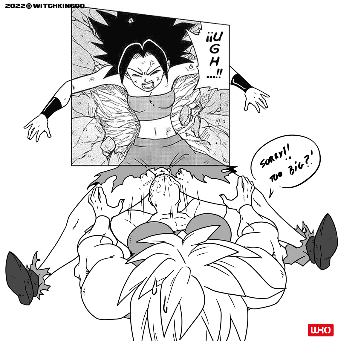 1futa, 1girls, black hair, bottomless, breasts, caulifla, closed eyes, clothed, clothing, comic panel, continuation, dialogue, dragon ball, dragon ball out of pannel, dragon ball super, duo, edit, english text, female, female saiyan, futa on female, futanari, half naked, high-angle view, holding legs, human, intersex, kale, kale (berserker), large breasts, large penis, legendary super saiyan, midriff, missionary position, official art, on back, open mouth, partially clothed, penis, pussy, ripped clothing, ripped pants, saiyan, screenshot edit, sex, small breasts, spiky hair, super saiyan, super saiyan 2, text, thick penis, tongue, universe 6, universe 6/universe 7, vaginal penetration, veiny penis, witchking00