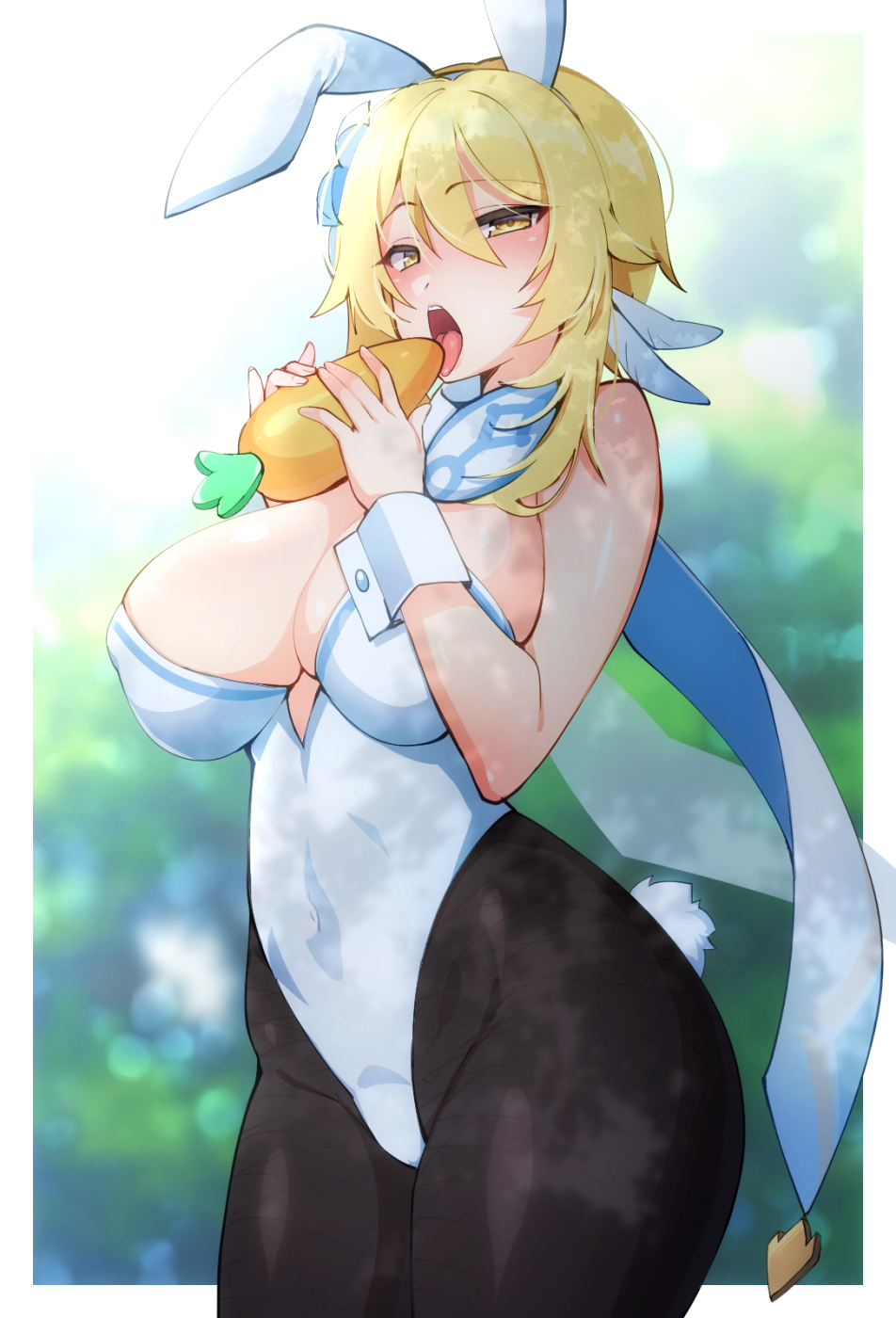 ass, blonde hair, breasts, bunny ears, bunny girl, bunny tail, bunnysuit, carrot, female, genshin impact, huge breasts, lumine (genshin impact), pantyhose, thick ass, thick thighs, tongue, tongue out, yellow eyes