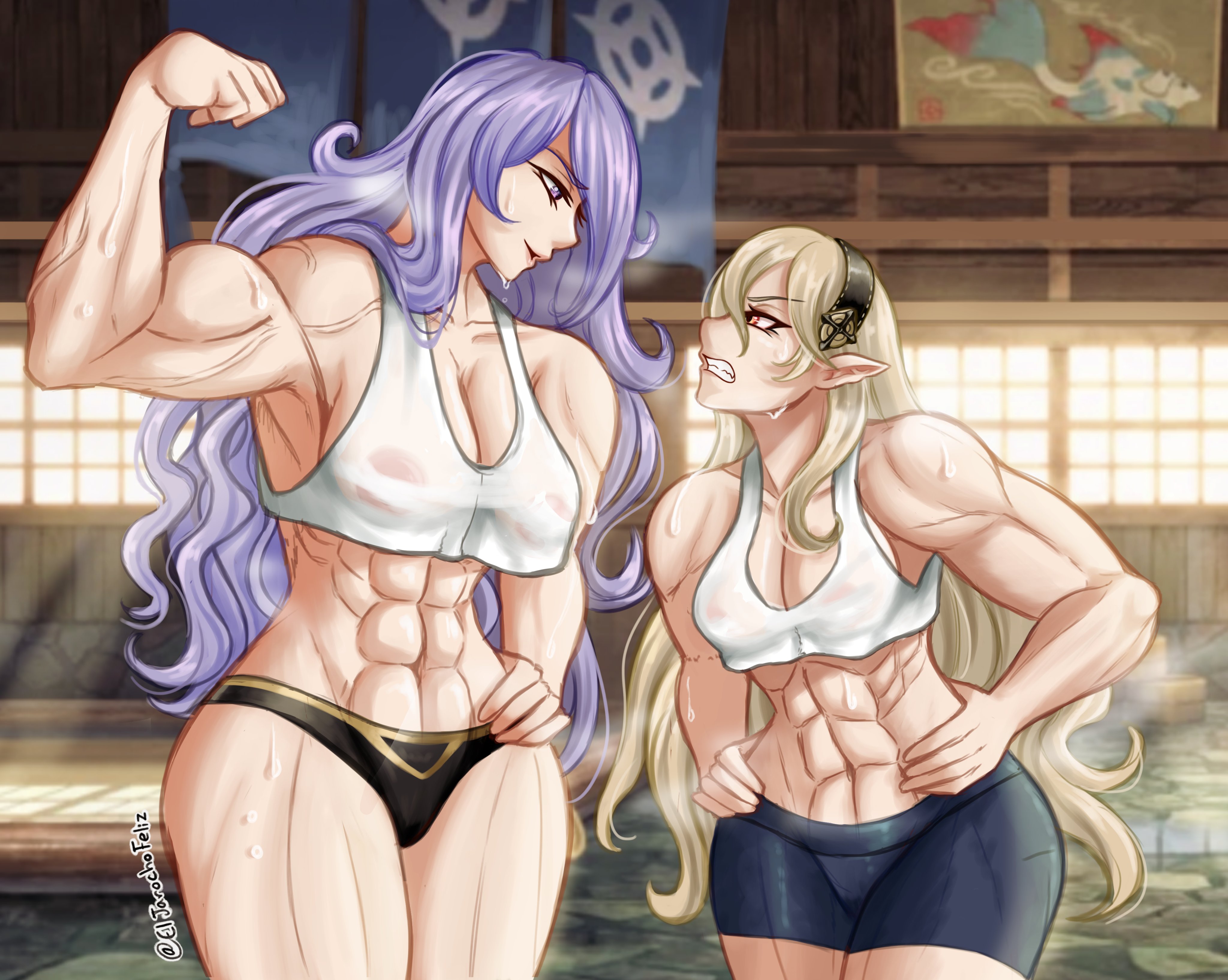 2021, 2girls, abs, angry, black panties, camilla (fire emblem), corrin (fire emblem), corrin (fire emblem) (female), duo, duo focus, eljarochofeliz, female, female only, fire emblem, fire emblem fates, flexing, height difference, jealous, long hair, looking at another, looking down, looking up, matching hair/eyes, muscles, muscular, muscular arms, muscular female, nintendo, onsen, panties, pointy ears, purple eyes, purple hair, red eyes, sweat, sweating, thick thighs, thighs, thunder thighs, vein, veiny muscles, white hair